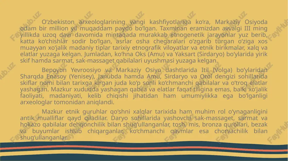 rning muqaddas kitobi “avesto”, rim, yunon va xitoy mualliflarining asarlarida hozirgi markaziy osiyoliklarning qadimiy ajdodlari sak-massagetlar, yuechji, kangyuy (qang‘ar,qang‘ha), usun va boshqa elatlar tilga olinadi. shularning ichida eng katta elat saklar juda keng xududni – tiyonshon va pomir etaklaridan kaspiy dengizi sohillarigacha bo‘lgan yerlarni egallagan, ularning zich joylashgan yeri sirdaryo havzasi bo‘lgan. umuman sak-massaget qabilalari konfederatsiya (birikma)siga quyidagi elatlar kirgan: qadimgi sirdaryo havzasida, amudaryoning sharqiy o‘zanlari bo‘yida va qoraqumda yashovchi apasiaklar; sirdaryo o‘rta oqimida joylashgan daxato‘xarlar; taxminan zarafshonning quyi qismi va amudaryoning o‘rta oqimida yashagan darbeklar; nurota tog‘larida o‘rnashgan sakaravaklar; sirdaryoning o‘rta oqimidan tiyonshongacha cho‘zilgan usunlar hamda xorazmiylar kirgan. yunon va rim manbalarining xabarlariga qaraganda, mazkur qabila (elat)larning saklar deb nomlanishi tasodifan bo‘lmagan, ularning til jihatdan bir etnik jarayon bilan bog‘liq ekanligini tasdiqlaydi. hozirgacha tilimizda saqlanib kelgan “saqa” so‘zi “sak” atamasi bilan bog‘liq bo‘lishi mumkin. o‘sha manbalar bu davrda vohalarda yashovchi xalqlar bilan dasht-dagi chorva qabilalari o‘rtasida etnik va madaniy …
