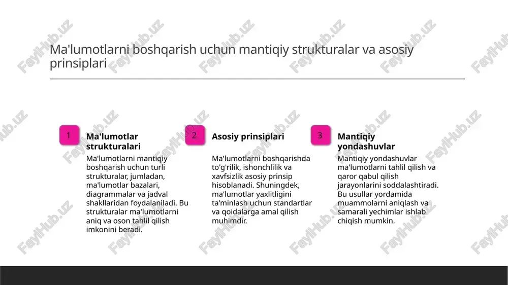 ni topish mumkin. axborot tizimlarida mantiqiy model va algoritmlarning rolini tushunish 1 ma'lumotlar modeli - axborot tizimlarida mantiqiy model ma'lumotlar o'rtasidagi munosabatlarni tashkil qiladi. u qaror qabul qilish va ma'lumotlarni tahlil qilishda asosiy rol o'ynaydi. 2 algoritmlarning vazifasi - algoritmlar ma'lumotlarni ishlash va tahlil qilish uchun qoidalar va jarayonlarni belgilaydi. ular tizimlarning samaradorligini oshiradi va muammolarni hal etadi. 3 mantiqiy yondashuvlar - mantiqiy yondashuvlar ma'lumotlar asosida to'g'ri va asosli qarorlar qabul qilish uchun muhim. ular tizimlarning aniq va ishonchli ishlashini ta'minlaydi. 4 tizim rivojlanishi - axborot tizimlarida mantiqiy model va algoritmlar texnologik rivojlanish bilan birga takomillashadi. bu esa, ma'lumotlar bilan ishlashda yangi imkoniyatlar yaratadi. o'zbekiston sharoitida ma'lumotlarni boshqarishda mantiqiy yondashuvlarning ahamiyati va amaliyoti. 1 ma'lumotlarni to'g'ri boshqarish - o'zbekiston sharoitida ma'lumotlarni mantiqiy boshqarish, davlat va xususiy sektorlar uchun samarali qarorlar qabul qilishda muhim rol o'ynaydi. 2 yangi texnologiyalar va metodlar - mantiqiy yondashuvlar asosida axborot texnologiyalari rivojlanmoqda, bu esa ma'lumotlarni …