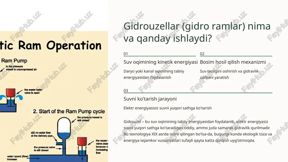 etadi, bu esa umumiy gidravlik samaradorlikni 15-20% ga pasaytiradi va optimallashtirish choralarini talab qiladi bosim va oqim parametrlari yetarli bosim hosil qilish uchun minimal suv darajasi va oqim tezligi zarur. quruq mavsumlarda daryo sathi pasayganda gidrouzel samaradorligi keskin kamayishi mumkin nisbiy samaradorlik zamonaviy elektr nasoslari bilan solishtirganda ba'zi maxsus holatlarda gidrouzellar samaradorligi past bo'lishi mumkin, ammo energiya xarajatlari hisobga olinsa, umumiy iqtisodiy samaradorlik yuqori gidrouzellar va nasos agregatlarining integratsiyasi energiya tejash strategiyasi gidrouzellarni mavjud suv ta'minot tizimlariga qo'shish orqali elektr energiyasi sarfini 40-60% gacha kamaytirish imkoniyati qishloq xo'jaligi optimallashuvi sug'orish tizimlarida gibrid tizimlar joriy etish - kunduzi gidrouzellar, kechasi elektr nasoslari ishlashi sanoat qo'llanilishi sanoat korxonalarida texnologik jarayonlar uchun suv yetkazib berishda gidrouzellardan foydalanish iqtisodiy samaradorlikni oshiradi kompleks tizimlar gidrotexnik inshootlar kompleksida gidrouzellar nasos stansiyalari bilan birgalikda ishlab, tizimning umumiy ishonchliligini ta'minlaydi zamonavir suv ta'minoti tizimlarida gidrouzellar va elektr nasos agregatlari o'zaro to'ldirib, bir-birining kamchiliklarini qoplaydi. bu gibrid yondashuv maksimal …