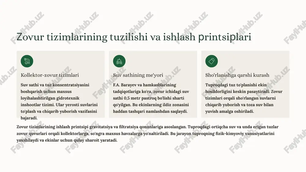an oldingi va keyingi holat ta'mirlashdan oldin tuproq yuzasida oq tuz qatlami ekinlarning sarg'ayishi va o'sishining sekinlashishi zovur tizimining tiqilib qolishi yerosti suvlarining ko'tarilishi hosildorlikning 40-60% ga kamayishi ta'mirlashdan keyin tuproq tuzidan tozalangan, strukturasi yaxshilangan ekinlar yashil va sog'lom o'sadi zovur tizimi muntazam ishlaydi suv sathi optimal darajada hosildorlik 80-90% gacha tiklanadi taqqoslash natijalarida ko'rinib turibdiki, o'z vaqtida amalga oshirilgan ta'mirlash va ekspluatatsion tadbirlar tuproq sifatini sezilarli darajada yaxshilaydi. drenaj tizimini tiklash, sho'rlanishni kamaytirish va suv sathini nazorat qilish orqali qishloq xo'jaligi ekinlarining hosildorligini oshirish mumkin. ta'mirlash va ekspluatatsion tadbirlarni moliyalashtirish va boshqarish 1 melioratsiya jamg'armasi o'zbekiston respublikasi qishloq va suv xo'jaligi vazirligi tomonidan tashkil etilgan maxsus jamg'arma. u zovur tizimlarini ta'mirlash, modernizatsiya qilish va yangi texnologiyalarni joriy etish uchun mablag' ajratadi. 2 lizing va texnika yangilash zamonaviy drenaj uskunalari, nasos stantsiyalari va monitoring asbob-uskunalarini lizing asosida sotib olish imkoniyati. bu fermer xo'jaliklari uchun moliyaviy yukni kamaytiradi va tizim samaradorligini …