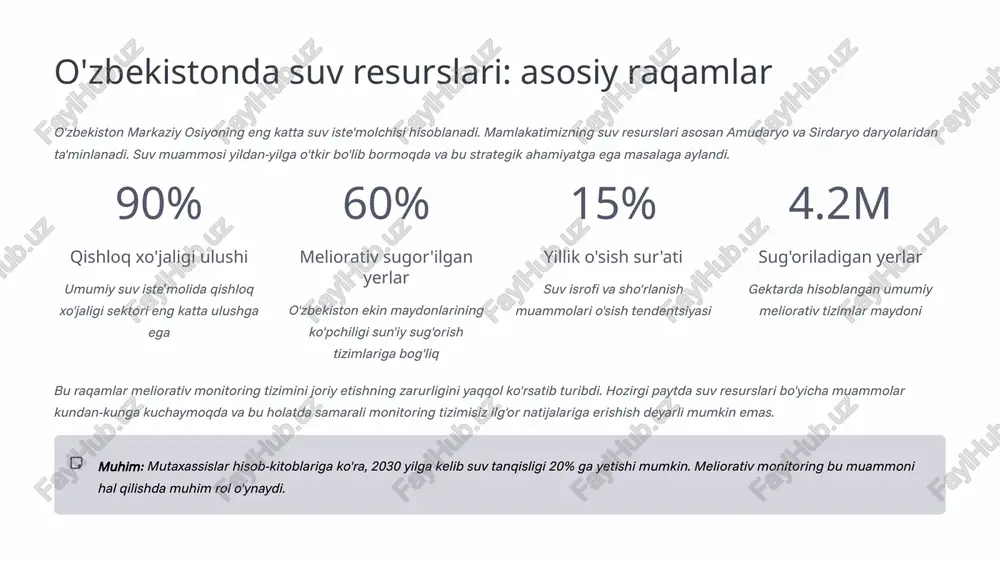 tlar optimal sug'orish rejimini belgilash uchun zarur. namlik darajasi monitoringi tuz kontsentratsiyasi o'lchash tuproq strukturasi tahlili raqamli platformalar va tahlil barcha sensorlardan olingan ma'lumotlar markazlashtirilgan raqamli platformada to'planadi, qayta ishlanadi va tahlil qilinadi. sun'iy intellekt algoritmlari muammolarni erta aniqlash va yechimlar taklif qilishga yordam beradi. real vaqt monitoring dashboardlari bashoratli tahlil tizimlari mobil ilovalar va xabarnomalar 5 o'zbekistonda meliorativ monitoringning amaliy misollari so'nggi yillarda o'zbekistonning turli viloyatlarida meliorativ monitoring tizimlari muvaffaqiyatli joriy etildi. bu loyihalar suv resurslarini samarali boshqarish va qishloq xo'jaligi mahsuldorligini oshirishda muhim natijalarga erishdi. qoraqalpog'iston loyihasi 2020 yildan boshlab qoraqalpog'istonda keng miqyosli meliorativ monitoring tizimi ishga tushirildi. 250 dan ortiq sensor va monitoring punkti orqali sho'rlanish darajasi, suv sifati va tuproq holati doimiy nazorat qilinmoqda. natijada sho'rlangan yerlarda tuproq sifati 18% yaxshilandi va paxta hosildorligi 22% ga oshdi. bu loyiha orol dengizi hududidagi ekologik muammolarni hal qilishga ham hissa qo'shmoqda. sirdaryo viloyati tajribasi sirdaryo viloyatida suv taqsimoti …