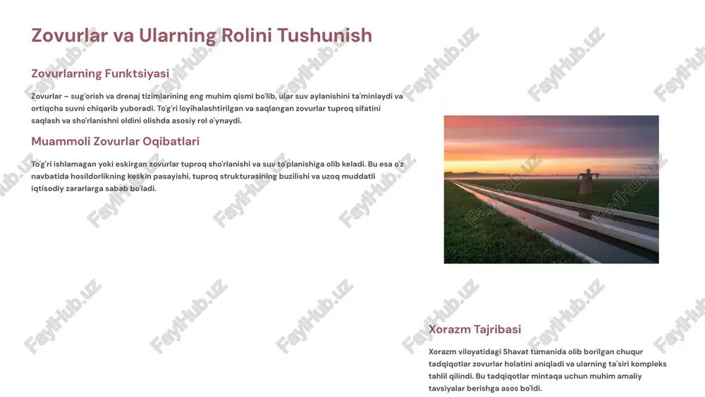 ildorlikni oshirish bilan birga, suv resurslarini tejash va ekologik barqarorlikni ta'minlaydi. zamonaviy mikrosug'orish tizimlari tuproq namligi sensorlari real vaqt rejimida namlikni o'lchash va ma'lumotlarni yig'ish avtomatik boshqaruv dasturiy ta'minot orqali sug'orish jarayonini optimallashtirish suv tejash an'anaviy usullarga nisbatan 50-70% suv tejash imkoniyati milliorativ monitoringning amaliy natijalari 35% hosildorlik o'sishi tuproq sho'rlanishi va suv to'planishini kamaytirish orqali o'rtacha hosildorlik ko'rsatkichlari 45% suv tejash suv resurslaridan samarali foydalanish va optimal sug'orish rejimlari natijasida erishilgan tejash 28% iqtisodiy samaradorlik xarajatlarni kamaytirish va mahsulot sifatini oshirish orqali iqtisodiy ko'rsatkichlar yaxshilandi xalqaro va mahalliy tajribalar xalqaro va mahalliy ilg'or tajribalar tahlili asosida o'zbekiston sharoitiga moslashtirilgan amaliy tavsiyalar ishlab chiqildi. icarda, fao va boshqa xalqaro tashkilotlar bilan hamkorlikda olib borilgan loyihalar samarali natijalar bermoqda. fermer xo'jaliklari uchun oddiy va arzon texnologiyalar tavsiya etildi. kelajakdagi yo'nalishlar va rivojlanish imkoniyatlari big data va sun'iy intellekt big data va sun'iy intellekt algoritmlarini qo'llash orqali real vaqt rejimida monitoring tizimlarini …