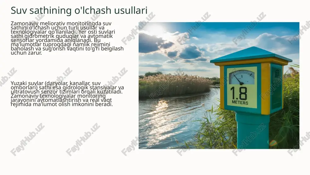 jarayon tuproq strukturasini buzadi, suv va havo o'tkazuvchanligini pasaytiradi hamda o'simliklar ildiz tizimining rivojlanishiga to'sqinlik qiladi. sho'rlangan tuproqlarda o'simliklar osmotik stress holatida bo'ladi — ular suv va ozuqa moddalarni so'rib olishda qiyinchiliklarga duch keladi. natijada hosildorlik keskin kamayadi, ayrim hollarda yer ekin ekish uchun yaroqsiz holga kelishi mumkin. monitoring orqali muammolarni oldini olish to'g'ri tashkil etilgan meliorativ monitoring tizimi sho'rlanish jarayonini erta bosqichda aniqlash imkonini beradi. bu esa o'z vaqtida to'g'rilash choralarini ko'rishga, masalan, yuvish suvi berish, drenaj tizimini yaxshilash yoki sug'orish rejimini o'zgartirishga imkon yaratadi. suv sifatini monitoring doimiy kuzatuv va tahlil xavfni aniqlash sho'rlanish belgilarini erta topish chora-tadbirlar meliorativ amaliyotlarni amalga oshirish unumdorlikni saqlash tuproq va hosildorlikni himoya qilish meliorativ monitoringda zamonaviy texnologiyalar xxi asrda meliorativ monitoring tizimlarida axborot-kommunikatsiya texnologiyalari (akt) keng qo'llanilmoqda. bu texnologiyalar real vaqt rejimida ma'lumotlar olish, avtomatlashtirilgan tahlil qilish va operativ qarorlar qabul qilish imkonini beradi. iot qurilmalari va sensor tarmoqlari naqshli joylashtirilgan sensorlar …