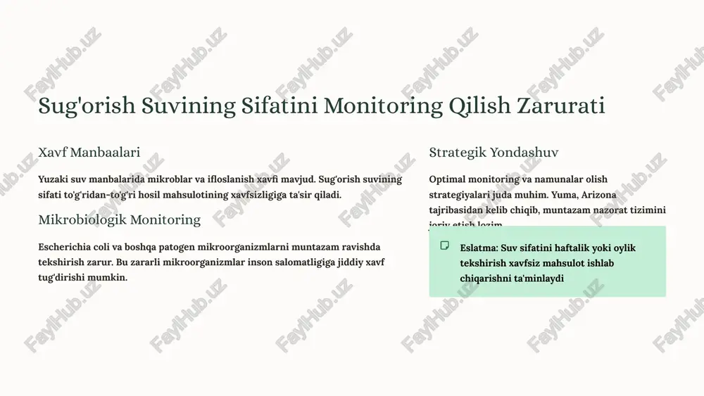 otidir. sug'orishning ekologik va iqtisodiy foydalari suv resurslarini boshqarish samarali sug'orish tizimlari suv resurslarini tejash va ularni oqilona boshqarishga yordam beradi. bu ayniqsa suv tanqisligi mavjud hududlarda muhim ahamiyatga ega. hosildorlikni oshirish optimal sug'orish rejimi hosilni 30-50% gacha oshirishi mumkin. shuningdek, mahsulotning sifati sezilarli darajada yaxshilanadi va bozor qiymati ortadi. tuproqni himoya qilish to'g'ri sug'orish usullari tuproq sho'rlanishi va eroziyasining oldini oladi. bu uzoq muddatda tuproqning unumdorligini saqlashga yordam beradi va ekologik muvozanatni ta'minlaydi. xulosa: maqbul sug'orish rejimi – barqaror hosil va suv resurslari kelajagi ilmiy inqilob ilmiy asoslangan sug'orish rejimi qishloq xo'jaligida haqiqiy inqilob yaratmoqda. zamonaviy texnologiyalar va ilmiy yondashuvlar hosildorlikni sezilarli oshirishga imkon beradi. texnologik imkoniyatlar zamonaviy texnologiyalar va monitoring tizimlari yordamida suvni tejash va hosilni oshirish mumkin. iot, sun'iy intellekt va masofadan boshqaruv tizimlari keng qo'llanilmoqda. individual yondashuv har bir fermer uchun individual, o'ziga xos sug'orish rejimini ishlab chiqish zarur. mahalliy sharoitlar, tuproq turi va ekin xususiyatlarini …