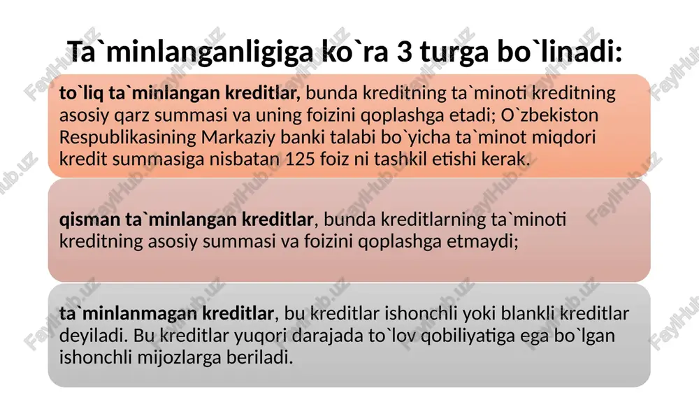 da ochilgan joriy hisobraqamlarida faqat bir marta debetli qoldiq bo`lishiga ruxsat etiladi. u ham bo`lsa, bank va mijoz o`rtasida overdraft krediti olish bo`yicha kelishuv bo`lsa. overdraft kreditiga ssuda scheti ochilmaydi va bu kredit ta`minotsiz kredit hisoblanadi. 4)kreditlashning kontokorrent shakli. bu shakl nemis tilida so`zlashuvchi mamlakatlarnig bank amaliyotida qo`llaniladi.kontokorrent kreditida mijozning joriy hisobraqami yopiladi va kontokorrent hisobraqam ochiladi. mijozning barcha faoliyatidan keladigan pul tushumlari kontokorrent hisobraqamining kreditida aks etadi. mijozning barcha to`lovlari kontokorrent hisobraqamining debetida aks etadi. kontokorrent krediti kontokorrent hisobraqaminig debetli qoldig’iga beriladi. 5)kreditlashning faktoring shakli. faktoring – bu mol etkazib beruvchini kreditlash shakli bo`lib, bunda bank tovar hujjatlarini o`zining diskont stavkasi bo`yicha regress huquqi bilan yoki regress huquqisiz sotib oladi. 6) kreditlashning forfeyting shakli. forfeyting – bu fransuzcha “a forfe” so`zidan olingan bo`lib ulgurji degan ma`noni anglatadi. forfeyting mol etkazib beruvchini kreditlash shakli bo`lib, bunda bank trattani o`zining diskont stavkasi bo`yicha regress huquqi bilan sotib oladi /docprops/thumbnail.jpeg
