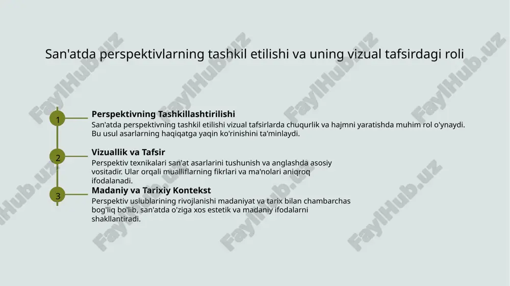 al madaniyat va texnologiyalarga moslashdi. kompyuter grafikasi va zamonaviy dizayn uslublari paydo bo‘ldi. vizual perspektivlarning kognitiv tushunchadagi roli va uning shakllanishi 1 perspektiv va anglash vizual perspektivlar, insonning muhitni qanday ko'rishi va tushunishi bilan bevosita bog'liq. ular kognitiv jarayonlarni shakllantiradi va ma'lumotlarni samarali qabul qilishga yordam beradi. 2 tashqi va ichki fikrlash perspektivlar insonning muhitni qanday baholashini va anglashini ta'minlaydi. ular tafakkur va emotsional reaktsiyalarni rivojlantiradi, vizual tafakkurning asosiy qismidir. 3 shakllanish va rivojlanish kognitiv tushunchada perspektivlar yoshdan rivojlanadi va tajriba bilan mustahkamlanadi. bu jarayon insonning vizual tafakkur va tasavvur qobiliyatlarini mustahkamlashda muhim rol o'ynaydi. tashkilot va vizual tafakkur: rasm va tasvirlarning ongdagi joylashuvi 1 tashkilot va ongdagi joylashuv rasm va tasvirlarning ongdagi joylashuvi, vizual tashkilot orqali fikrlash jarayonini osonlashtiradi. bu, ko‘rgan tasvirlar bilan bog‘liq xotira va tushunchalarni shakllantiradi. 2 vizual tafakkur jarayoni ongda rasm va tasvirlarning joylashuvi, muayyan ma’noni anglash va muhitni to‘g‘ri tushunishda muhim rol o‘ynaydi. bu jarayon, …