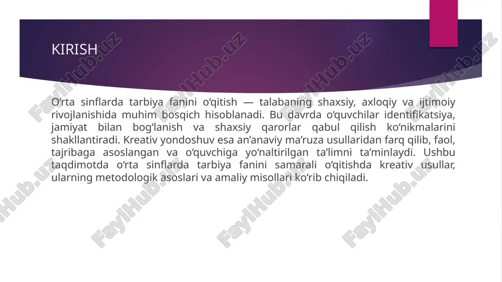 ng o‘zgarishini, qobiliyati va ishtiyoqini ko‘rsatadi. ushbu amaliy yondoshuv o‘quvchilarda mas’uliyat hissini oshirib, nazariy bilimlarni hayotiy tajribaga aylantiradi. baholash va refleksiya tarbiya fanida baholash shaffof, ko‘p o‘lchovli va shakillantiruvchi bo‘lishi kerak. formativ baholash orqali o‘qituvchi o‘quv jarayonini doimiy monitoring qilib, xatolarni o‘z vaqtida tuzatadi; summativ baholash esa umumiy natijani aniqlaydi. rubrikalar, portfoliolar, o‘rtog‘lar va o‘zini baholash usullari o‘quvchilarning ijtimoiy va axloqiy kompetensiyalarini aniq aks ettirishga yordam beradi. refleksiya bosqichi o‘quvchilarga o‘z fikrini ifoda etish, o‘z maqsad va natijalarini tahlil qilish imkonini beradi va kelajakdagi o‘qish yo‘nalishlarini aniqlaydi. muammolar va yechimlar kreativ yondoshuvni joriy etishda maktab resurslari cheklanganligi, o‘qituvchilarning malaka darajasi va fanlararo koordinatsiya muammolari uchraydi. bu muammolarni bartaraf etish uchun doimiy kasbiy rivojlanish, maktab ichida tajriba almashish, tashqi hamkorliklar va loyihaviy grantlardan foydalanish zarur. dars soatlari chegaralangan vaziyatda samarali mikrometodlar va uyga vazifa orqali davom ettirish, shuningdek, ota-onalar va jamoatchilikni jalb qilish orqali ta’sir kuchini oshirish mumkin. me’yoriy hujjatlar va …