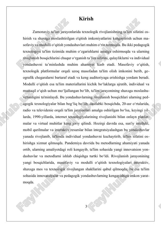qilish qobiliyatlari rivojlanadi. uchinchi prinsipi – texnologik integratsiya va zamonaviy texnologiyalar bilan ishlashdir. masofaviy oʻqitishda sun'iy intellekt, mobil qurilmalar, virtual va kengaytirilgan reallik texnologiyalari, onlayn platformalar va dasturiy ta'minotlarning integratsiyasi ta'lim sifatini oshirishda muhim rol o‘ynaydi. bu texnologiyalar yordamida ta'lim jarayoni yanada shaxsga mos, interaktiv va qulay bo‘lib, o‘quvchilarga o‘qishni oson va samarali qilish imkonini yaratadi. shuningdek, bu prinsiplarga asoslanib, ta'lim muassasalari o‘quvchilarga masofadan turib ham yuqori sifatli ta'lim olish imkoniyatini taqdim etadi. to‘rtinchidan, hamkorlik va kommunikatsiya prinsipi masofaviy oʻqitishda muhim ahamiyatga ega. bu prinsip ta'lim jarayonida o‘quvchilarning o‘zaro va o'qituvchilar bilan faol muloqot qilishini ta'minlaydi. zamonaviy texnologiyalar yordamida onlayn forumlar, videokonferensiyalar va elektron pochta orqali o‘quvchilar va o‘qituvchilar o‘rtasida doimiy aloqalar o‘rnatiladi. bu esa ta'lim jarayonining shaxsga mos va samarali bo‘lishini ta'minlaydi, shuningdek, o‘quvchilarning motivatsiyasini oshiradi. beshinchi prinsipi - baholash va monitoring qilish tamoyilidir. bu prinsip ta'lim jarayonining natijalarini doimiy ravishda kuzatib borish va baholashni nazarda tutadi. masofaviy oʻqitishda …