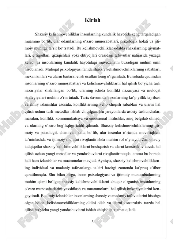 shlar boshqalar bilan muvofiqlashmasa, kelishmovchiliklar paydo bo‘lishi tabiiydir. masalan, ishda jamoaviy vazifalar yoki shaxsiy hayotdagi ehtiyojlar to‘qnashganda, insonlar o‘rtasida muammolar yuzaga kelishi mumkin. uchinchi omil — shaxslarning psixologik xususiyatlari va emotsional holati. insonlarning shaxsiy xususiyatlari, masalan, ularning emotsional intilishlari, stressga chidamliligi, va qabul qilish darajasi kelishmovchiliklarni shakllantirishda muhim rol o‘ynaydi. emotsional intilishlar yoki xafagarchiliklar kelishmovchiliklarning kuchayishiga yoki ularni hal qilishda qiyinchiliklarga olib kelishi mumkin. shu bilan birga, insonlarning kommunikatsiya qobiliyati va muomala usullari ham muhim ahamiyat kasb etadi. yaxshi muloqat strategiyalari va samarali kommunikatsiya texnikalari kelishmovchiliklarni kamaytirish va ularni konstruktiv hal qilish imkonini beradi. bundan tashqari, shaxslararo munosabatlarda madaniy tafovutlar ham muhim rol o‘ynaydi. madaniyatlar orasidagi tafovutlar, ularning qadriyatlari va odatlari, insonlarning muomala usullari va tushunish darajasiga ta’sir qiladi. madaniy tafovutlar, ayniqsa, globalizatsiya jarayonida, keng tarqalmoqda va ular shaxsiy kelishmovchiliklarning yuzaga kelishida asosiy sabab bo‘lishi mumkin. bu tafovutlar, odatda, tushunmovchiliklarni keltirib chiqaradi, chunki insonlar o‘z madaniyatlarida qabul qilingan qoidalar va …