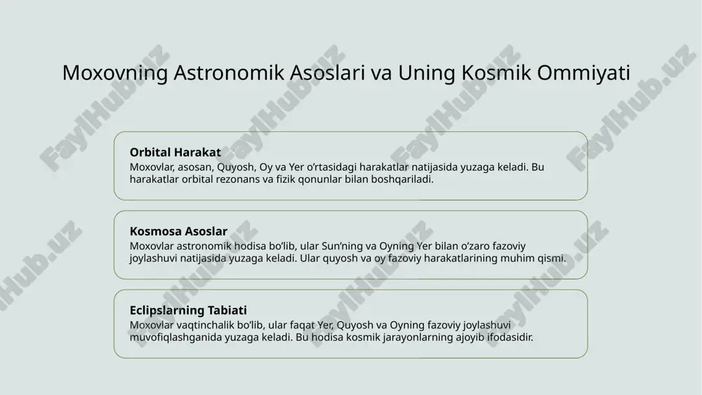 nida qo‘llash usullari 1 tadqiq qilish usullari - quyosh va oy eclipse’larini o‘rganishda astronomik kuzatishlar va zamonaviy texnologiyalar, masalan, teleskoplar va kompyuter simulyatsiyalari, muhim rol o‘ynaydi. bu usullar yordamida hodisalarning mexanizmlari va vaqtini aniqlash mumkin. 2 o‘quv jarayonlari - eclipse’larni ta’limda o‘rganish uchun interaktiv prezentatsiyalar, videolar va modelardan foydalanish, shuningdek, amaliy kuzatishlar bilan ta’lim jarayonini qiziqarli va tushunarli qilish mumkin. bu metodlar talabalarning qiziqishini oshiradi. 3 ilmiy yondashuv - quyosh va oy eclipse’larini o‘rganishda ilmiy metodlar, statistik ma’lumotlar va tarixiy misollarni o‘rgatish, shuningdek, kuzatishlar va tahlil qilish orqali ularning ilmiy asoslarini mustahkamlash muhimdir. moxov tushunchasining ta'limda o'rni va pedagogik imkoniyatlari 1 ilmiy o‘qitishda imkoniyatlar - moxov tushunchasi ta’lim jarayonida astronomik bilimlarni mustahkamlashga yordam beradi, o‘quvchilarga kosmik hodisalarni aniq va qiziqarli tarzda tushuntirish imkonini beradi. 2 motivatsiya va qiziqish - moxov mavzusida ta’lim, talabalarning astronomiyaga bo‘lgan qiziqishini oshiradi, ularni tabiiy fanlarga nisbatan motivatsiya va ishtiyoq bilan ta’minlaydi. 3 interaktiv metodlar - …