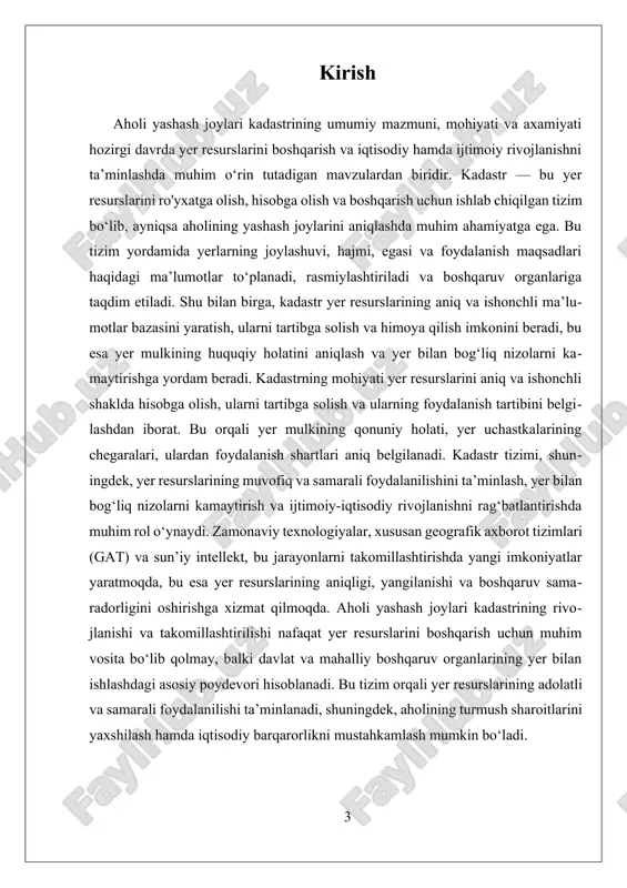 tr yordamida yer mulkining huquqiy holati, egalarining kimligi, yer uchastkalarining hajmi va joylashuvi haqida to‘liq va yangilangan ma’lumotlar olinadi. bu ma’lumotlar asosida yer resurslarining adolatli va samarali foydalanilishi ta’minlanadi, shuningdek, yer bilan bog‘liq nizolarni oldini olish va ularni hal qilishda yordam beradi. kadastrning axamiyati shundaki, u yer resurslarining muvofiq va samarali foydalanilishini ta’minlaydi. bu esa, birinchi navbatda, yer resurslarining iqtisodiy va ijtimoiy rivojlanishga xizmat qilishiga imkon beradi. kadastr tizimi yordamida yer resurslari ustidan nazorat o‘rnatiladi, ulardan foydalanish tartibi va huquqiy holatlari aniqlanadi. bu tizim, shuningdek, yer resurslarini muvofiq boshqarish va ularni barqaror rivojlantirish uchun muhim asos bo‘lib xizmat qiladi. zamonaviy texnologiyalar — geografik axborot tizimlari (gat) va sun’iy intellekt kabi innovatsiyalar, yashash joylari kadastrining rivojlanishi va takomillashtirilishida muhim o‘rin tutmoqda. bu texnologiyalar yordamida yer resurslari haqida ma’lumotlar yanada aniqlik bilan to‘planadi, yangilanadi va boshqaruv samaradorligi oshadi. masalan, gat yordamida yer uchastkalarining xaritalari va ma’lumotlar bazalari virtual muhitda birlashtiriladi, bu esa …
