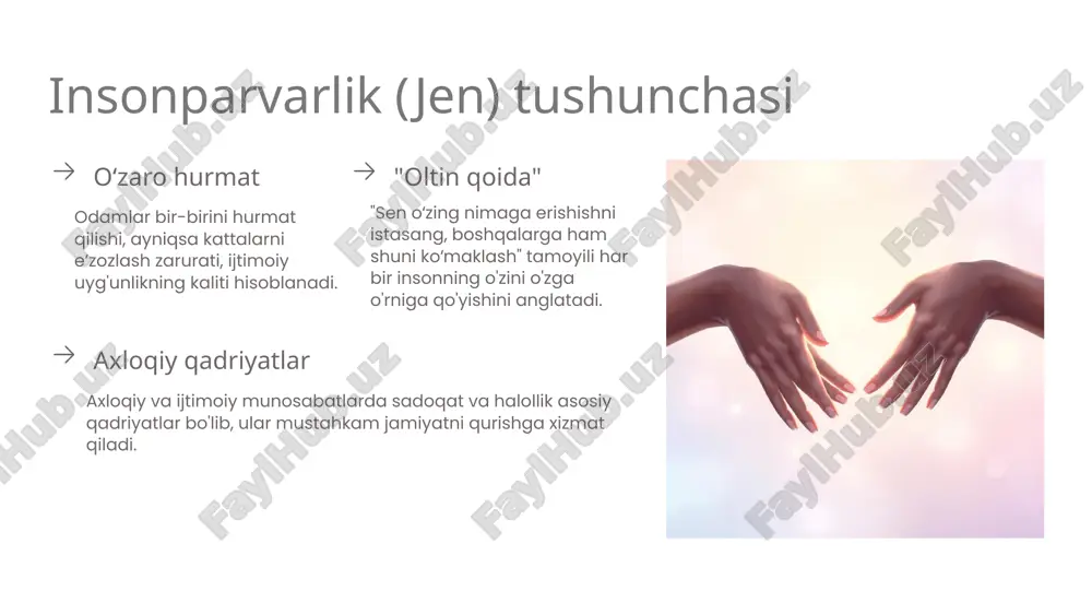 adolat adolat va tinchlikni taʼminlash uchun beshta buyuk fazilatga amal qilish, har bir kishining o'z burchini bajarishini anglatadi. barqarorlik kaliti bugungi kunda ham konfutsiylik qadriyatlari insoniylik va barqarorlik kalitidir, ular global muammolarni hal qilishda yordam beradi. xulosa: konfutsiylik – hayot yo'li va jamiyatning ruhiy asoslari inson kamoloti: axloq, hurmat va sadoqat orqali inson o'z kamolotiga erishadi, shaxsiy va ijtimoiy uyg'unlikni topadi. jamiyatda adolat: adolat va tinchlikni taʼminlash uchun beshta buyuk fazilatga amal qilish, har bir kishining o'z burchini bajarishini anglatadi. barqarorlik kaliti: bugungi kunda ham konfutsiylik qadriyatlari insoniylik va barqarorlik kalitidir, ular global muammolarni hal qilishda yordam beradi. bu slayddagi rasmda turli millatlardan bo'lgan odamlar tinch meditatsiya qilayotgani tasvirlangan. bu konfutsiylik qadriyatlarining umumbashariy inson qadri va uyg'unligini ifodalaydi. 9 foydalanilgan adabiyotlar konfutsiy. nutqlar va mulohazalar (lun yu). — toshkent: ma’naviyat, 2005. karimov e. sharq falsafasi tarixi. — toshkent: fan, 2018. berdiyorov b. falsafa asoslari. — toshkent: yangi asr avlodi, 2021. …