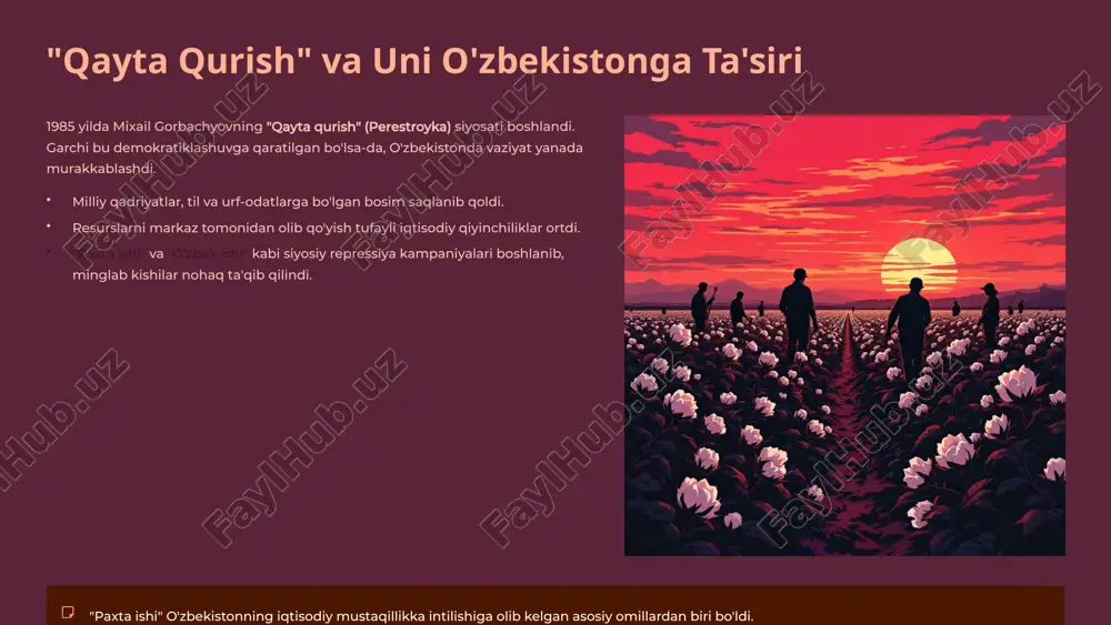 'p millatli davlat sifatida tinchlik va barqarorlikni saqlab qolishga muvaffaq bo'ldi. milliy birdamlik umumiy maqsad va birlik millatlararo totuvlik tinchlik va madaniy hamkorlik qonun ustuvorligi adolat va barqaror boshqaruv millatlararo totuvlik va diniy bag'rikenglik siyosati ustuvor ahamiyatga ega bo'ldi. qonun ustuvorligini ta'minlash va inson huquqlarini himoyalash yo'lida tizimli ishlar amalga oshirildi. 9 xulosa: mustaqillik – buyuk ne'mat va yangi imkoniyatlar davri o'z taqdirini belgilash huquqi mustaqillik o'zbekiston xalqiga o'zining tarixiy taqdirini erkin belgilash, milliy qadriyatlar va an'analarga asoslangan holda farovon jamiyat qurish imkoniyatini berdi. tarixni anglash bugungi kun muvaffaqiyatlarining asosi – mustaqillik arafasidagi og'ir sharoitlarni anglash, milliy g'ururni shakllantirish va o'zlikni anglashda yotadi. kelajak sari intilish bu davr xalqimizning matonati va birdamligi ramzi bo'lib, kelajak avlodlar uchun mustahkam poydevor yaratdi. biz taraqqiyot va yangilanishlar yo'lida dadil qadam tashlamoqdamiz. 10 image1.png image2.png image3.svg image4.png image5.svg image6.png image7.svg image8.png image9.png image10.png image11.png image12.png image13.png image14.svg image15.png image16.svg image17.png image18.png image19.png