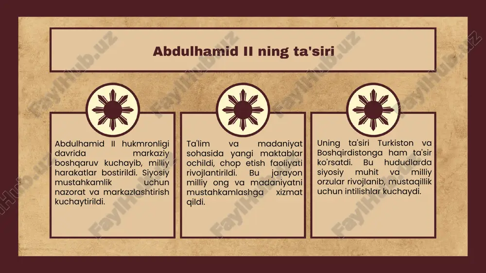 ulhamid ii davrida parlamentning tiklanishi ijtimoiy faollikni oshirdi va jamiyatda barqarorlikni ta'minladi. ushbu islohotlarning o'zaro ta'siri rivojlanishga va siyosiy erkinliklarga olib keladi. birgalikda amalga oshirilgan harakatlar davlat barqarorligi va ijtimoiy rivojlanishni kafolatlaydi. islohotlarning zamonaviy ahamiyati abdulhamid ii ning islohotlarining zamonaviy ahamiyati abdulhamid ii ning islohotlari, xususan, milliy birlik va mustahkamlikni ta'minlashga qaratilgan siyosat, hozirgi türkiyada demokratik va milliy o'zlikni rivojlantirishda muhim qadamlardan hisoblanadi. bu islohotlar, davlat boshqaruvi va huquq tizimini rivojlantirishga asos bo'ldi. o'zbekiston tarixida islohotlarning o'rni o'zbekiston tarixida, ayniqsa, sovet davri va mustaqillik yillarida amalga oshirilgan islohotlar, iqtisodiy rivojlanish va ijtimoiy barqarorlikni ta'minlashda muhim rol o'ynagan. bu jarayonlar, milliy madaniyat va iqtisodiy mustaqillik uchun poydevor bo'lib xizmat qilgan. tarixiy meros va zamonaviy ta'siri abdulhamid ii ning merosi uning hukmronligi davridagi siyosiy va ijtimoiy o'zgarishlarni o'z ichiga oladi. uning bosqichma-bosqich amalga oshirilgan islohotlari va qarorlari, davlat boshqaruvi va madaniyat sohasiga ta'sir ko'rsatdi. bu meros, ayniqsa, turkiston, arabistoni va boshqa hududlardagi …