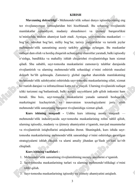 bu sohani rivojlantirishga ta’sir ko‘rsatuvchi omillar. kurs ishining predmeti - kurs ishining predmeti sifatida mehmondo‘stlik industriyasini rivojlantirishda sayr-tomosha maskanlarining o‘rni, ularni boshqarish va rivojlantirishning nazariy va amaliy jihatlari, shuningdek, ushbu maskanlarning iqtisodiy samaradorligini oshirish usullari tahlil qilinadi. kurs ishining metodologik asosi - ish ilmiy-nazariy adabiyotlar, statistik ma’lumotlar, turizm sohasidagi amaliy tajribalar, shuningdek, mehmondo‘stlik sanoatining rivojlanishiga doir davlat dasturlari va xalqaro tashkilotlar tavsiyalariga asoslanadi. bundan tashqari, kurs ishida so‘rovlar, intervyu va monitoring natijalari ham tahlil qilinadi. kurs ishining amaliy ahamiyati - ushbu ish orqali mehmondo‘stlik sanoatida sayr-tomosha maskanlarini rivojlantirishga oid aniq tavsiyalar ishlab chiqiladi. bu tavsiyalar mahalliy hokimiyat organlari, turizm kompaniyalari va boshqa manfaatdor tashkilotlarga sayr-tomosha maskanlarining infratuzilmasini yaxshilash, xizmat sifatini oshirish va iqtisodiy samaradorligini oshirishda yordam beradi. natijada, bu sohaning barqaror rivojlanishi va mahalliy hamda xalqaro miqyosda sayyohlar oqimini oshirish imkoniyatlari kengayadi. kurs ishining tarkibiy tuzilishi va hajmi - mazkur kurs ishi kirish, ikki bob, sakkiz bo‘lim, xulosalar, foydalanilgan adabiyotlar …