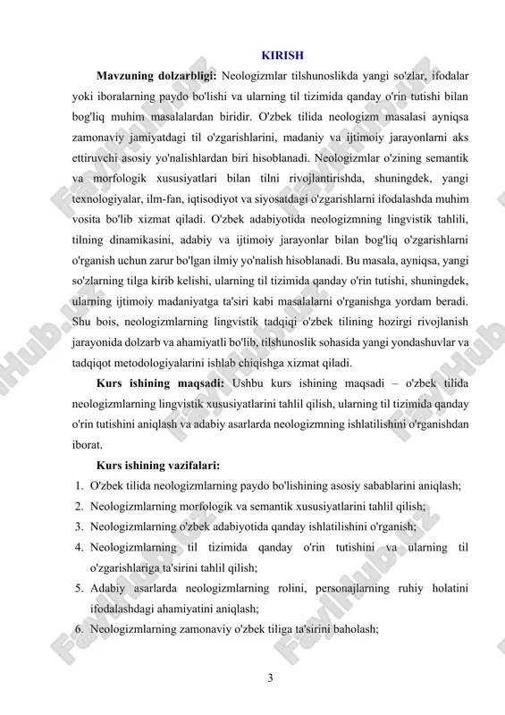 n tutishini, adabiy asarlarda qanday ishlatilishini anglaydilar. bu esa, o'zbek tilining rivojlanishi, yangi so'zlarning paydo bo'lishi va ularning ijtimoiy-madaniy kontekstdagi o'rni haqida chuqurroq tushuncha hosil qilishda foydali ko'nikmalarni rivojlantiradi. kurs ishining tarkibiy tuzilishi va hajmi: mazkur kurs ishi kirish, ikki bob, sakkiz bo‘lim, xulosalar, foydalanilgan adabiyotlar ro‘yxatidan tashkil topgan. i-bob neoligizmlar va ularning lingvistik xususiyatlari. 1.1. neologizmlarning ta'rifi va tasnifi. neologizm – yangi paydo bo‘lgan yoki ilgari mavjud bo‘lgan, ammo muayyan davrda yangi ma'no va mazmunni olish uchun ishlatiladigan so‘z yoki ifodadir. neologizmlar tilning rivojlanishi jarayonida, ijtimoiy va madaniy o‘zgarishlar natijasida vujudga keladi. ular, asosan, yangi ehtiyojlarni qondirish, mavjud tushunchalarni yanada aniqroq ifodalash yoki innovatsion g‘oyalarni ommalashtirish maqsadida tilga kiradi. neologizmlar tildagi barcha so‘z turkumlarini o‘z ichiga oladi: otlar, fe'llar, sifatlar, o‘rnatuvchilar va boshqa grammatik birliklar. ularning ishlatilishi ko‘pincha zamonaviy texnologiyalar, ijtimoiy-hayotiy jarayonlar, siyosat, madaniyat, ilm-fan va boshqa sohalarda yuzaga keladigan yangi kontseptsiyalar bilan bog‘liq. neologizm so‘zi yunoncha “neos” (yangi) …
