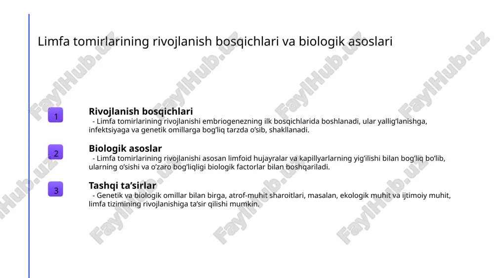 teti. limfa tizimi va uning rivojlanishi. tashkent: o‘zbekiston nashriyoti, 2018. 2. sobirov, a. limfa tomirlarining struktura va funktsiyalari. o‘zbekiston tibbiyot jurnali, 2020. 3. islomova, m. ijtimoiy muhit va biologik omillarning limfa tizimiga ta’siri. biologiya va meditsina, 2019. 4. qodirov, s. limfa tizimining rivojlanishi va kasalliklar bilan bog‘liqligi. tashkent: fan va texnika nashriyoti, 2021. 5. tashkent davlat universiteti. biologiya va ijtimoiy omillar: limfa tizimiga ta’sirlar. ilmiy maqolalar to‘plami, 2022. e'tiboringiz uchun rahmat!