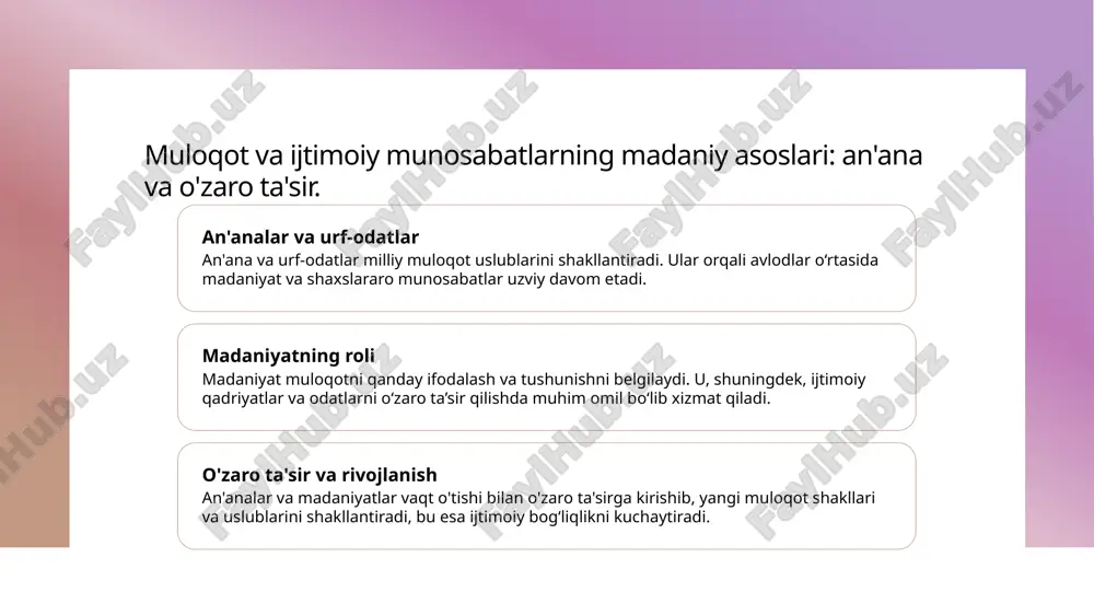 oiy kontekstda muloqotning shakllanishi va o'zgarishi. 1 madaniyat va muloqot asoslari - madaniyat muloqot shakllarini, odatlar va kommunikatsiya uslublarini belgilaydi, shuningdek, ijtimoiy normalar va qadriyatlar orqali muloqotni shakllantiradi. 2 o'zgaruvchan ijtimoiy kontekst - ijtimoiy muhit va zamonaviy texnologiyalar muloqotni yangi shakllarga olib keladi, masalan, raqamli kommunikatsiya usullari va global madaniyatlarning ta’siri. 3 madaniyatlararo ta’sirlar - turli madaniyatlarning o’zaro ta’siri va almashinuvi muloqotni boyitadi, yangi uslublar va tushunchalarni rivojlantiradi, bu esa ijtimoiy bog’lanishni kuchaytiradi. muloqotning ijtimoiy munosabatlarda asosiy o‘rni va ta’siri. 1 muloqotning rol va ahamiyati - muloqot ijtimoiy munosabatlarning rivojlanishida asosiy rol o‘ynaydi. bu orqali insonlar o‘zaro tushunish, hamjihatlik va hamkorlikni mustahkamlashadi. 2 shaxslararo bog‘lanish - nutq va ifoda orqali shaxslar orasidagi bog‘lanish kuchayadi. bu munosabatlarning ishonch va hamdardlik asosida shakllanishiga yordam beradi. 3 madaniy ta’sir va o‘zaro tushunish - muloqot madaniyatlararo farqlarni yengib o‘tishga imkon beradi, bu esa xilma-xil ijtimoiy muhitda hamkorlik va do‘stlikni rivojlantiradi. 4 ijtimoiy rollar va …