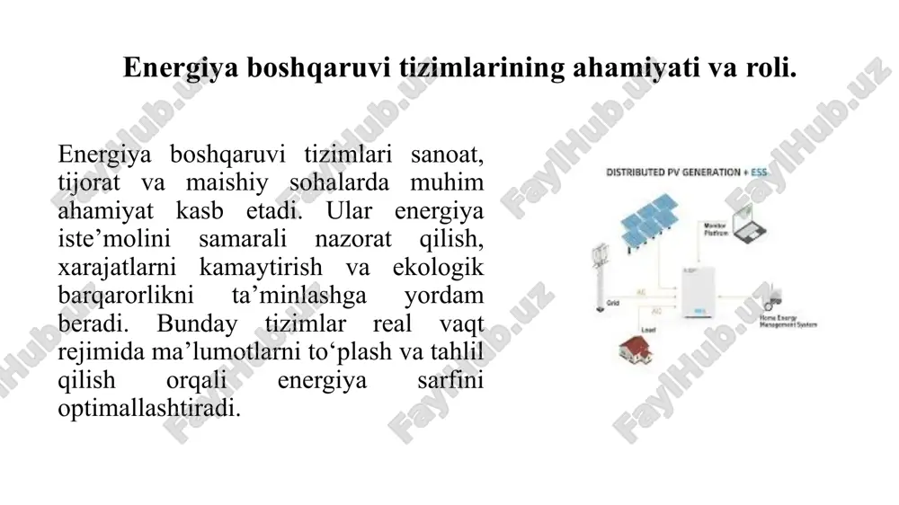 shqaruv tarmoqli ems (dems) energiya ta'minoti va iste'moli o‘rtasida muvozanat yaratadi elektr tarmog‘i ma'lumotlarini real vaqtda tahlil qiladi avtomatlashtirilgan ems (aems) sun’iy intellekt yordamida ishlaydi ai orqali energiyani prognoz qiladi va avtomatik optimallashtiradi energiya boshqaruvi tizimlarining rivojlanishi va innovatsiyalar energiya boshqaruvi tizimlarining rivojlanishi texnologik yutuqlar va raqamli innovatsiyalar bilan chambarchas bog‘liq bo‘lib, so‘nggi yillarda bu sohada sezilarli o‘zgarishlar kuzatilmoqda. yangi texnologiyalar, sun’iy intellekt va aqlli tarmoqlar energiya samaradorligini oshirish, ekologik ta’sirni kamaytirish va barqaror energiya boshqaruvini ta’minlash imkonini bermoqda. energiya boshqaruvi tizimlari dastlab an’anaviy mexanik va elektromexanik usullarga asoslangan bo‘lsa, hozirda raqamli texnologiyalar va avtomatlashtirilgan tizimlar keng qo‘llanilmoqda. energiya boshqaruvi tizimlari. dastlabki tizimlar faqat energiya iste’molini hisobga olish va nazorat qilish uchun ishlatilgan bo‘lsa, bugungi kunda ular real vaqt rejimida energiya taqsimotini optimallashtirish, iste’molni oldindan bashorat qilish va energiya resurslaridan samarali foydalanish imkonini beradi. sun’iy intellekt va mashinaviy o‘rganish algoritmlarining joriy etilishi energiya boshqaruvi tizimlarini yanada samarali qilishga yordam bermoqda. …