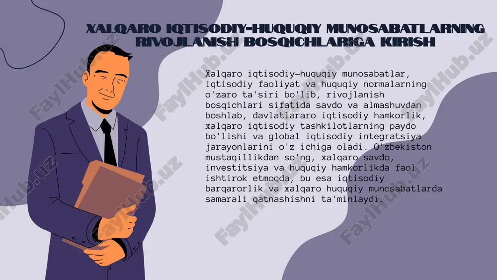 arni jalb qilish va himoya qilishda muhim rol o‘ynaydi, bu esa iqtisodiy barqarorlikni ta’minlaydi. xalqaro iqtisodiy-huquqiy munosabatlarda o‘zbekistonning amaliy yutuqlari o‘zbekiston 2016 yilda wtoga a'zo bo‘ldi, bu esa mamlakatning xalqaro savdo imkoniyatlarini kengaytirdi va bojxona tartiblarini yaxshilashga turtki bo‘ldi. bu yutuq mamlakatning global iqtisodiy tizimga integratsiyasini kuchaytirdi. gsp+ dasturiga qatnashish orqali o‘zbekiston eksportchilari uchun bojxona tariflari kamaydi, bu esa mahalliy ishlab chiqaruvchilarning xalqaro bozorlar bilan hamkorligini rivojlantirdi va iqtisodiy o‘sishga hissa qo‘shdi. o‘zbekiston xalqaro moliyaviy institutlar bilan hamkorlikni kengaytirdi, jumladan, jahon banki va xalqaro valyuta jamg‘armasi bilan iqtisodiy islohotlarni moliyalashtirish va strategik loyihalarni amalga oshirishda muvaffaqiyatlarga erishdi. yashil iqtisodiyot va ekologik majburiyatlarning huquqiy integratsiyasi parij iqlim kelishuvi milliy qonunchilikka ta'siri: iqlim o'zgarishiga qarshi kurashda qonunlar va siyosatlarni shakllantirishdagi roli. yashil obligatsiyalar va moliyalashtirish mexanizmlari: barqaror loyihalarni qo'llab-quvvatlash uchun moliyaviy vositalar va ularning huquqiy asoslari. barqaror rivojlanish maqsadlari (sdg) bilan uyg'unlik: ekologik majburiyatlarni amalga oshirishda xalqaro maqsadlar va milliy qonunchilik o'rtasidagi …