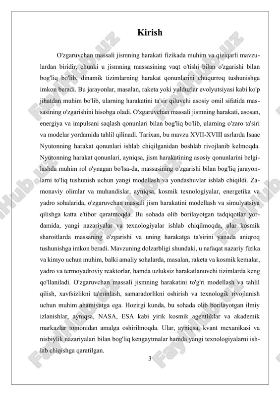 a oladigan modellashlar ishlab chiqiladi. bu modellashlar, harakatni hisoblashda, jismning impuls va energiyasining saqlanish qonunlariga tayanadi, lekin bu qonunlar massaning o'zgarishi bilan biroz murakkablashadi. massaning o'zgarishi bilan bog'liq jarayonlar fizikada keng qamrovli muammolarni tashkil etadi. masalan, raketa yoki kosmik kemalarda, massaning o'zgarishi bilan, harakat parametrlarining dinamikasi o'zgaradi. bu jarayonlarda, massa yo'qotilishi yoki qo'shilishi, siljish, tezlik va kuchlar ta'sirini o'zgartiradi. bu esa, texnik jihatdan, model va hisoblash usullarini ishlab chiqishni talab qiladi. modellash jarayonida, masalan, massa yo'qotilishi yoki qo'shilishi kuchlar bilan bog'liq bo'lib, ularning harakatga ta'sirini aniq ifodalash uchun, dinamik tizimlar uchun maxsus yondashuvlar qo'llanadi. o'zgaruvchan massali jismning harakatini tushunishda, impuls va energiya saqlanish qonunlari bilan bir qatorda, dinamik tizimlarning xususiyatlarini o'rganish muhimdir. massaning o'zgarishi bilan bog'liq jarayonlarni matematik ravishda ifodalash uchun differensial tenglamalar va modellash usullari ishlab chiqiladi. bu modelar, ayniqsa, real dunyo muammolarida, masalan, yadro reaktorlarida, kosmik texnologiyalar va yulduzlar evolyutsiyasida qo'llaniladi. ular yordamida, masalan, massaning vaqt o'tishi bilan …