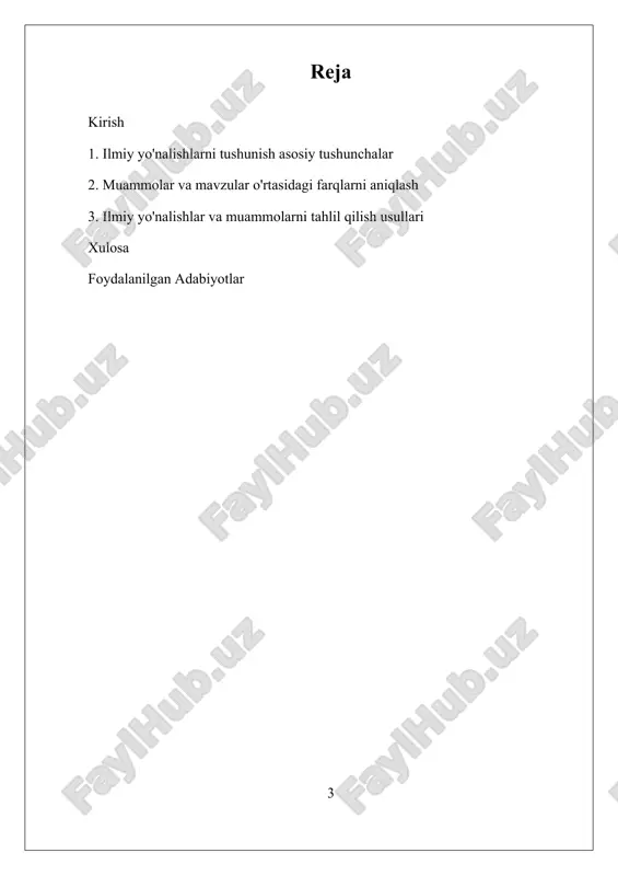 'ladi. mavzu, odatda, muammo va uning yechimini qamrab oladigan kengroq fikr yoki nazariy yo'nalish sifatida qaraladi. misol uchun, biologiyada "odam organizmidagi immunitet tizimini rivojlantirish" mavzusi, bu sohadagi muammolarni hal etish uchun muhim yo'nalishni belgilab beradi. ilmiy yo'nalishlar, muammolar va mavzular o'rtasidagi farqlarni aniqlash, izlanishning to'g'ri yo'nalishini belgilash va muammoni aniqroq tushunish uchun juda muhimdir. bu farqlar yordamida ilmiy ishning maqsadi, yo'nalishi va metodologiyasi aniq belgilab olinadi. ilmiy yo'nalishlar keng va umumiy bo'lib, ilmiy soha yoki fan doirasida kelajakdagi izlanishlar uchun asos bo'ladi. muammo esa, aynan muayyan muhitda yuzaga keladigan, hal qilishga muhtoj bo'lgan muhim savol yoki muammo sifatida, izlanishning konkret yo'nalishini aniqlaydi. mavzu esa, bu muammo yoki muayyan soha bo'yicha olib boriladigan ilmiy ish uchun umumiy yo'nalishni belgilab, muammoning yechimi uchun asos bo'lgan kengroq fikrni ifodalaydi. shu bilan birga, ilmiy yo'nalishlarni tushunish va ularni aniq belgilash, ilmiy izlanishlarda muvaffaqiyatga erishish uchun zarurdir. to'g'ri yo'nalishni tanlash orqali muammoni aniqlash va uning …