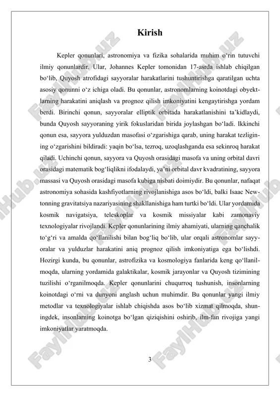 sayyoralar harakatining dinamikasini tushunishda va ularning orbitalarini hisoblashda muhim ahamiyatga ega bo‘lib, astronomik kuzatuvlar bilan mustahkamlangan. uchinchi qonun, orbital davr va sayyora bilan quyosh orasidagi masofa o‘rtasidagi matematik bog‘liqlikni ifodalaydi. bu qonun, orbital davr kvadratining, sayyora massasi va quyosh orasidagi masofa kubiga nisbati doimiy ekanligini bildiradi. bu qonun yordamida, sayyoralar orasidagi masofa va ularning harakat davri o‘rtasidagi bog‘liqlik aniqlanadi va ularning harakatini hisoblashda juda qulay bo‘ladi. bu qonun, shuningdek, quyosh tizimining tuzilishini o‘rganishda va yangi sayyoralarni aniqlashda asosiy rol o‘ynaydi. kepler qonunlari, shuningdek, isaac newtonning gravitatsiya nazariyasining rivojlanishiga katta hissa qo‘shdi. newton, bu qonunlarning matematik asoslarini ishlab chiqib, ularni umumiy gravitatsiya qonuniga aylantirdi. bu esa, sayyoralar va boshqa obyektlarning harakatini kengroq, yer va kosmik miqyosda tushunishga imkon berdi. kepler qonunlari, astronomlar va fizika olimlari uchun, kosmik jarayonlarni aniqlash va prognoz qilishda asosiy metod va nazariy asos bo‘lib xizmat qiladi. ushbu qonunlarning amaldagi qo‘llanilishi, kosmik navigatsiya, teleskoplar va kosmik missiyalar uchun …