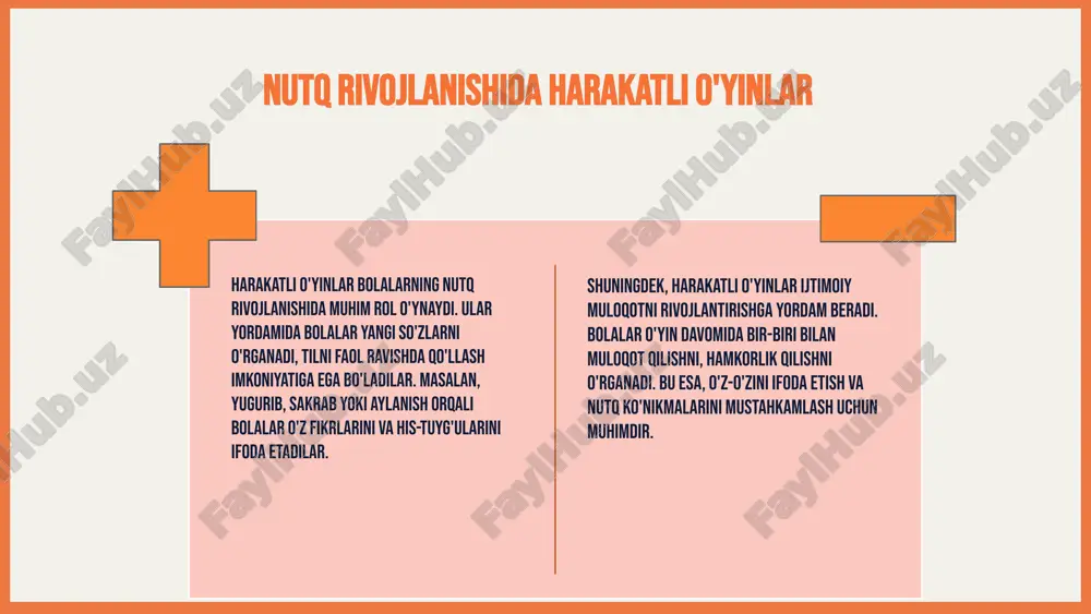 q rivojlanishida harakatli o'yinlar muhim rol o'ynaydi, ular til ko'nikmalarini, kognitiv, emotsional va jismoniy rivojlanishni qo'llab-quvvatlaydi. o'qitish metodlari va texnologiyalar nutqni baholashda samarali bo'lib, kelajakda innovatsion yondashuvlar va texnologiyalardan foydalanish imkoniyatlarini ochadi. yakuniy fikr sifatida, harakatli o'yinlar yordamida nutq rivojlanishini qo'llab-quvvatlash uchun samarali strategiyalar va innovatsion texnologiyalar muhim. bu, nafaqat hozirgi ehtiyojlarni qondirish, balki kelajakda yangi imkoniyatlar yaratish uchun muhimdir. foydalanilgan adabiyotlar 1. o‘zbekiston respublikasi ta’lim va fan vazirligi. bolalar nutqini rivojlantirishda harakatli o'yinlarning roli. ta’lim metodik jurnali, 2020. 2. qodirova, m. harakatli o'yinlar va nutq rivojlanishi. toshkent: fan va ta’lim nashriyoti, 2019. 3. isroilova, d. nutq rivojlanishini baholash va nazorat qilishda o'yinlarning o'rni. o'zbekiston pedagogik jurnali, 2021. 4. sultonova, n. jismoniy faoliyat va nutq rivojlanishi: harakatli o'yinlar orqali kelajak strategiyalari. o'zbekiston sport va sog'liq jurnal, 2022. 5. yusupova, m. o'yinlar yordamida nutqni rivojlantirish metodlari. toshkent: ma’naviyat va ma’lim nashriyoti, 2018. e'tiboringiz uchun rahmat! image1.png image2.png image3.png image13.png image14.png image15.png …