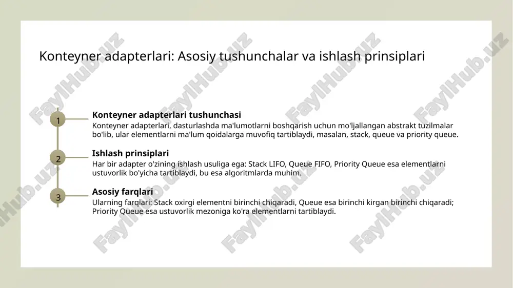 ishlab chiqishdagi roli konteyner adapterlari algoritmlarda ma’lumotlarni tartib bilan boshqarishni ta’minlaydi. bu, dastur optimallashtirish, xatoliklarni kamaytirish va bajarilishini tezlashtirish uchun muhimdir. 4 muammo hal qilishda yordam katta ma’lumotlarni tez va samarali tarzda boshqarish uchun konteyner adapterlari muhim. masalan, vazifalar ro’yxatini tartibga solish yoki resurslarni prioritetga qarab taqsimlashda foydalaniladi. konteyner adapterlarini tanlashda e'tibor beriladigan omillar va o'ziga xos xususiyatlar maqsad va foydalanish shartlari ma'lumotlarning prioriteti xususiyatlar va optimallashtirish adapter tanlashda, dastur maqsadi va ma'lumotlarning qanday ishlatilishini hisobga olish muhim. masalan, stack tezkorlik va ma'lumotni ketma-ketlik bilan boshqarishga mos. priority queue uchun, elementlarning ustuvorligi muhim. bu adapterlar, vazifa yoki vazifalarga asoslangan holda, eng yuqori prioritetli elementlarni boshqaradi. har bir adapterning xususiyatlari va xatoliklarni oldini olish, samaradorlikni oshirish uchun muhim. to'g'ri tanlov, dastur xavfsizligi va ishlash tezligini yaxshilaydi. amaliy dasturlarda konteyner adapterlarini samarali qo'llash usullari 1 resurslarni optimallashtirish - konteyner adapterlari dasturlashda resurslarni samarali boshqarish uchun ishlatiladi. masalan, stack va queue ma'lumotlarni tezkor …