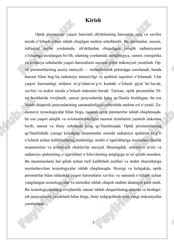 spetsifik sensorlar yordamida elektr signalga aylantiriladi, so‘ngra bu signal yordamida harorat aniqlanadi. bu usul yuqori haroratlarda, ayniqsa, metall va issiq suyuqliklarning sirtini to‘g‘ridan-to‘g‘ri o‘lchash qiyin bo‘lganda juda qulaydir. shuningdek, optik pirometrlar yuqori haroratli obyektlar bilan ishlashda xavfsizlikni ta’minlaydi, chunki ular bilan aloqa qilish shart emas. optik pirometrlarning ishlashida muhim faktorlar orasida atmosfera ta’siri, radiatsiya spektrini o‘lchashning aniqligi va kalibrlash jarayoni bor. atmosferaning ta’siri, ayniqsa, gazlar va namlik radiatsiyaning spektral taqsimotiga ta’sir qilishi mumkin, bu esa o‘lchovlarning aniqligini pasaytiradi. shu sababli, kalibrlash muhim ahamiyat kasb etadi: u o‘lchov noaniqligini kamaytirish va qurilmaning ishonchliligini ta’minlash uchun zarurdir. kalibrlash jarayonida, standart yuqori haroratli manbalar yordamida pirometrlarning o‘lchovlari tekshiriladi va sozlanadi. zamonamizda, raqamli optik pirometrlar keng joriy qilinmoqda, bu ularning avtomatlashtirilgan ishlashini va yuqori aniqligini ta’minlaydi. raqamli texnologiyalar yordamida, radiatsiya spektri to‘liq yoki qisman o‘lchanadi, bu esa haroratni hisoblashda katta aniqlik beradi. bu texnologiyalar, shuningdek, real vaqtda monitoring qilish imkonini beradi, bu esa sanoat …