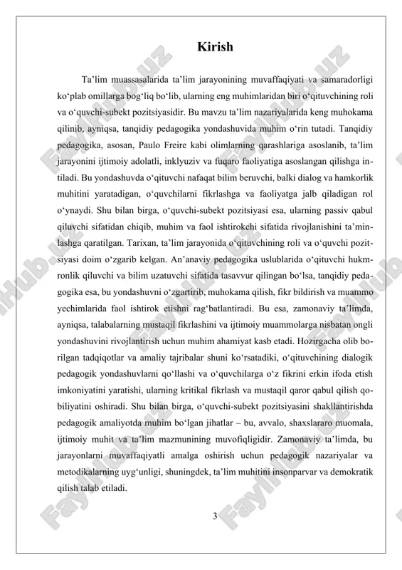 ki talabaning fikrini tinglovchi va muhokama qilishga undovchi sifatida faol ishtirok etadi. bu jarayon talabalarga o‘z fikrini erkin ifoda qilish, muammolarni aniqlash va ularni hal qilishda faol qatnashish imkonini beradi. shuningdek, o‘qituvchi talaba-subektni mustaqil fikrlashga undab, ularni jamiyatdagi ijtimoiy muammolarni tahlil qilish va muhim qarorlar qabul qilishda ishtirok etishga tayyorlaydi. kritikal pedagogikada o‘qituvchining asosiy vazifalaridan biri – talaba-subektning kritiklikna va muammo yechishga qaratilgan fikrlashini rivojlantirishdir. bu, avvalo, muammoli vaziyatlar yaratish, talabalarning fikrlarini so‘rash, ularni muhokama qilish uchun muhit yaratish va ularning fikrlarini hurmat qilish orqali amalga oshiriladi. o‘qituvchi talaba fikrini qabul qilgan holda, uni kengaytiradi va muhim ijtimoiy muammolar bilan bog‘liq tahlil qilishga undaydi. bu jarayon talabalarning shaxsiy va ijtimoiy ongini rivojlantiradi, ularni jamiyatda faol va mas'uliyatli fuqarolar sifatida tarbiyalashga yordam beradi. shuningdek, kritikal pedagogikada o‘qituvchining roli madaniyat va kontekstga mos ravishda o‘zgarishi mumkin. bu pedagogika yondashuvi har xil madaniy va ijtimoiy o‘rta hududlarda turlicha talqin qilinishi mumkin, shuning uchun …