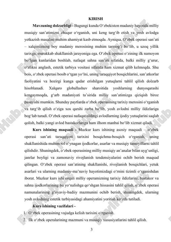 niyatshunoslik metodlari asos qilib olingan. shuningdek, ilmiy adabiyotlar, arxiv materiallari, sahna namunalari va intervyular tahlil qilinadi. madaniyat va san’at rivojiga oid davlat dasturlari ham nazarda tutiladi. kurs ishining amaliy ahamiyati - kurs ishida o‘zbek operasining rivojlanish bosqichlarini o‘rganish orqali musiqiy-ma’naviy tarbiyada, ta’lim jarayonida va yoshlar ongida milliy san’atga bo‘lgan qiziqishni oshirish mumkin. shu bilan birga, u san’atshunoslar, musiqa o‘qituvchilari va talabalar uchun manba sifatida xizmat qilishi mumkin. kurs ishining tarkibiy tuzilishi va hajmi - mazkur kurs ishi kirish, ikki bob, to’rt bo‘lim, xulosalar, foydalanilgan adabiyotlar ro‘yxatidan tashkil topgan. asosiy qisim o‘zbek operasi milliy musiqa san’atining muhim yo‘nalishlaridan biri bo‘lib, u o‘zining shakllanishi, taraqqiyoti va badiiy jihatlari bilan o‘zbek madaniy hayotida salmoqli o‘rin egallaydi. uning vujudga kelishi xalq og‘zaki ijodiyoti, an’anaviy kuy-qo‘shiqlar, maqomlar va musiqali dramalar asosida boshlangan. o‘zbek operasi g‘arbiy opera janrining klassik shaklini milliy ruh, xalqona ohang va tarixiy mavzular bilan boyitish orqali shakllangan. ilk bosqichda o‘zbek operasi rus …