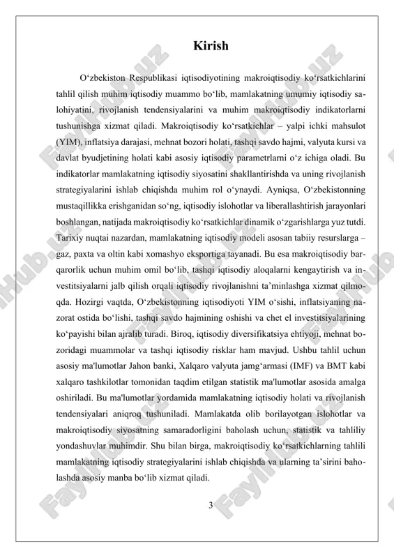ni amalga oshirib kelmoqda, natijada, 2020-yildan boshlab, inflatsiya darajasi 8-10 foiz oraligida bo‘lib, bu esa narxlarning barqarorligini ta’minlashga imkon yaratmoqda. inflatsiyaning past bo‘lishi, ayniqsa, investitsiya muhitini yaxshilash va raqobatbardoshlikni oshirishda muhim ahamiyatga ega. ishsizlik darajasi esa iqtisodiy faoliyatning samarasini va mehnat bozorining holatini ko‘rsatadi. o‘zbekiston uchun bu ko‘rsatkich 2018-2023 yillar davomida 9-11 foiz oraligida bo‘lib, ish bilan ta’minlash va yangi ish o‘rinlarini yaratish muhim muammo sifatida qolmoqda. mamlakatda yoshlar va qishloq joylarida ish bilan ta’minlash muammolari mavjud bo‘lib, bu muammoni hal qilish uchun iqtisodiy diversifikatsiya va innovatsiyalarni rivojlantirish muhimdir. davlat budjeti bilan bog‘liq ko‘rsatkichlar davlat xarajatlari va daromadlarining muvozanatini, shuningdek, davlat qarzining holatini aks ettiradi. o‘zbekiston uchun 2023 yildagi davlat budjeti defitsit bilan yakunlandi, bu esa iqtisodiy faoliyatni qo‘llab-quvvatlash va ijtimoiy xarajatlarni ta’minlash uchun muhimdir. shu bilan birga, tashqi savdo hajmi va balansining holati mamlakatning iqtisodiy aloqalarining kengayishini va tashqi iqtisodiy risklarni baholashda muhimdir. o‘zbekistonning eksporti asosiy ravishda paxta, gaz …