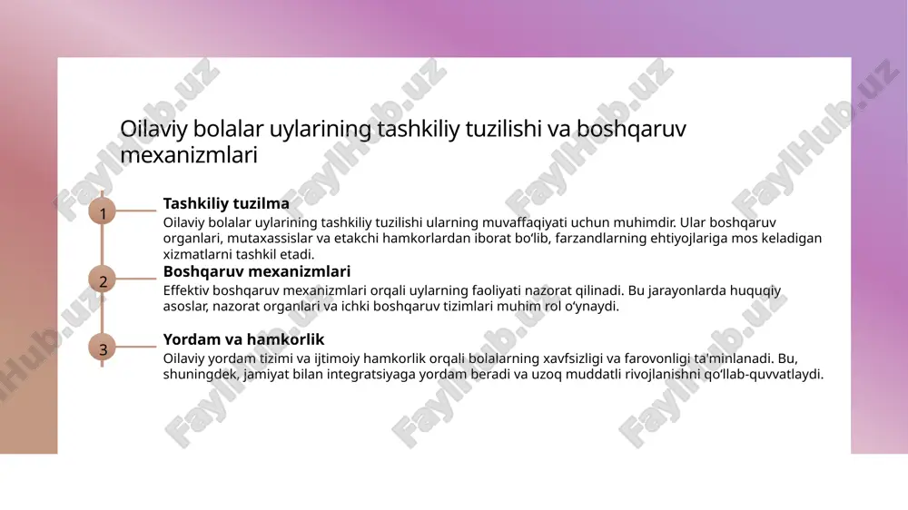 zamonaviy ehtiyojlarni uyg'unlashtirgan holda rivojlanmoqda. o'zbekistonda oilaviy bolalar uylari tashkiliy asoslarining tarixiy va madaniy konteksti tarixiy asoslar o'zbekistonda oilaviy bolalar uylarining tashkiloti qadimiy an'analar va madaniy qadriyatlar bilan bog'liq bo'lib, ular avloddan-avlodga o'tib, yoshlar bilan bog'langan. madaniy meros o'zbek madaniyati bolalarga mehr-muhabbat va oilaviy muhitni qadrlashni o'rgatadi, bu esa oilaviy bolalar uylarining madaniy asoslarini shakllantiradi. hukumat va jamiyat tarix davomida davlat va jamiyat bolalar muhofazasi uchun yondashuvlarni rivojlantirib, oilaviy muhitni mustahkamlashga intilmoqda, bu esa tizimning asosiy poydevoridir. bolalar evakuatsiyasi jarayonida ijtimoiy va huquqiy muhofaza mexanizmlari 01 huquqiy muhofaza mexanizmlari bolalar evakuatsiyasida yasal huquqiy tartiblar va qonunlar muhofaza mexanizmlarini belgilaydi. bu yordam va xavfsizlikni ta’minlashda asosiy rol o’ynaydi. 02 ijtimoiy qo’llab-quvvatlash evakuatsiya jarayonida bolalarni qabul qilish va ijtimoiy muhofaza qilish uchun yordam tizimlari, psixologik va jismoniy ehtiyojlarni qondirish muhimdir. 03 nazorat va monitoring huquqiy va ijtimoiy muhofaza jarayonlarini nazorat qilish uchun maxsus organlar va inspeksiyalar faoliyat yuritadi, bu jarayonlarning samaradorligini ta’minlaydi. …