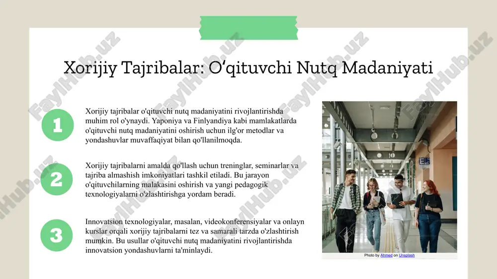 ning nazariy asoslari psixologik, lingvistik va pedagogik prinsiplarni o'z ichiga oladi. bu asoslar orqali nutq madaniyatining rivojlanishi uchun muhim shart-sharoitlar shakllanadi. nutq madaniyatini rivojlantirishda nazariy yondashuvlar muhim rol o'ynaydi. o'qituvchining nutq madaniyatini oshirish uchun til, muloqot va pedagogika sohasidagi bilimlar, strategiyalar va amaliy ko'nikmalarni egallash zarur. samaradorlik mexanizmlarini amalda qoʻllashning ahamiyati muhim. bu, o'qituvchilarga nutq madaniyatini rivojlantirishda amaliy yondashuvlar va metodlarni qoʻllash imkonini beradi. o'qituvchilar uchun tavsiyalar: nutqni aniqlik va ravonlik bilan ifodalash, tinglovchilar bilan muloqotni rivojlantirish, zamonaviy texnologiyalar va interaktiv usullardan foydalanish, shuningdek, doimiy mashq qilish muhim. amaliy strategiyalar: nutqni to'g'ri va tushunarli qilish, tinglovchilar bilan samarali aloqada bo'lish, nutq madaniyatini oshirish uchun muntazam treninglar o'tkazish va o'zaro fikr almashishni tashkil etish. samaradorlik mexanizmlarini amalda qoʻllash tajribalarni amaliyotga joriy qilish jarayoni tajribalarni muvaffaqiyatli joriy etish uchun o'qituvchilarni keng qamrovli tayyorgarlikdan o'tkazish muhimdir. bu bosqichda metodik ko'nikmalar va yangi texnologiyalar tushuntiriladi. tajribalarni tanlashda muhit va maqsadga mosligi, shuningdek, o'qituvchilarning tayyorgarligi, …