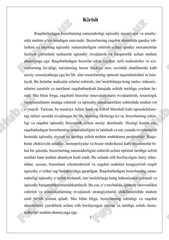chiqaruvchilarni narx va sifat bo‘yicha raqobatlashishga majbur qiladi, natijada iqtisodiy samaradorlik oshadi. raqobat muhitining asosiy prinsiplari bilan bog‘liq bo‘lib, ular bozor muhitining o‘zi uchun yaratilgan tartibga solish va qonunchilik bilan muvofiqlashtiriladi. shu bilan birga, bozorni tartibga solishda raqobatni cheklovchi amallar, monopoliyalar va kartellar faoliyatini nazorat qilish muhim ahamiyatga ega. raqobatli bozorlarning samaradorligi iqtisodiy o‘sishni rag‘batlantiradi, resurslarning eng yaxshi taqsimlanishini ta’minlaydi va iqtisodiy barqarorlikni mustahkamlaydi. bu esa, o‘z navbatida, aholining farovonligini oshirishga xizmat qiladi. raqobat sharoitlari va bozor erkinligini ta’minlash uchun siyosiy va iqtisodiy tartibga solish chora-tadbirlarini takomillashtirish muhimdir. masalan, monopoliyalar va bozor muhofazasi bilan bog‘liq muammolarni hal qilish, raqobatni cheklovchi amallarni aniqlash va nazorat qilish orqali, bozor samaradorligini oshirish mumkin. statistik ma’lumotlar va iqtisodiy tahlillar shuni ko‘rsatadiki, erkin va raqobat muhitining kengayishi iqtisodiy o‘sish ko‘rsatkichlariga ijobiy ta’sir ko‘rsatadi. masalan, raqobatli bozorlar innovatsiyalar va texnologik rivojlanishni rag‘batlantiradi, bu esa uzoq muddatli iqtisodiy rivojlanish uchun muhimdir. shuningdek, raqobatli bozorlar orqali narxlar pasayadi, …
