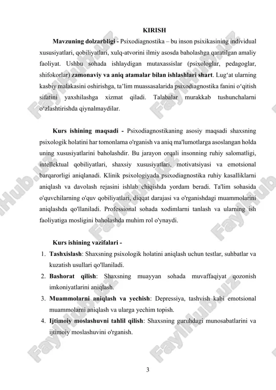 ishi zamonaviy pedagogik texnologiyalar, interaktiv metodlar, faol o‘qitish yondashuvlari, kompetensiyaviy va shaxsga yo‘naltirilgan ta’lim tamoyillariga tayangan holda olib boriladi. bunda fizikani o‘rgatishda tajriba, musobaqa, viktorina va laboratoriya mashg‘ulotlaridan samarali foydalanish metodlari asos qilib olinadi. kurs ishining amaliy ahamiyati - psixodiagnostika shaxsiy rivojlanish, ruhiy salomatlikni saqlash, ijtimoiy muammolarni hal qilish va professional samaradorlikni oshirishda muhim ahamiyatga ega. u shaxsning o'z salohiyatini anglashiga yordam beradi, ruhiy kasalliklarni erta tashxislash orqali jiddiy oqibatlarni oldini oladi, ta'lim tizimini yaxshilaydi va to'g'ri kadrlar tanlashda tashkilotlarga yordam beradi. psixodiagnostika ilmiy asosga ega bo'lib, testlar, standartlashtirilgan metodikalar va statistik tahlil orqali ishonchli natijalar beradi. psixologning malakasi va axloqiy me'yorlarga rioya qilishi tashxisning aniqligi uchun muhimdir. kurs ishining tarkibiy tuzilishi va hajmi - mazkur kurs ishi kirish, ikki bob, sakkiz bo‘lim, xulosalar, foydalanilgan adabiyotlar ro‘yxatidan tashkil topgan. i-bob psixodiagnostikaning nazariy asoslari va asosiy tushunchalari 1.1. psixodiagnostikaning maqsadi, vazifalari va ahamiyati. psixodiagnostika – bu inson psixikasining holatini, uning xususiyatlarini, …