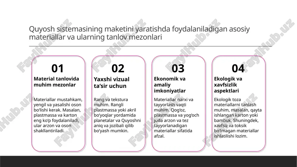 arni tushuntirishda vizual taqdimotlar muhim. ular planetlar, ularning orbitlari va fazalarni aniqroq ko‘rsatadi, o‘quvchilarning tushunishini oshiradi. 2 amaliy simulyatsiya va interaktivlik - model bilan ishlash jarayonida amaliy simulyatsiya va interaktivlik ta’lim jarayonini qiziqarli va samarali qiladi. o‘quvchilar o‘zlari bilan faol ishtirok etadi. 3 tashkiliy va vizual tushuntirish usullari - model yordamida astronomik tushunchalarni tartib bilan va vizual tarzda tushuntirish osonroq bo‘ladi. bu usul murakkab konseptlarni oddiy va aniq qilib taqdim etadi. quyosh sistemi maketini yaratishda foydalaniladigan asosiy materiallar va usullarni tahlil qilish. material tanlovi va sifati quyosh sistemasining maketini yaratishda qattiq, yengil va mustahkam materiallar tanlanadi. masalan, plastmassa, karton va polistirol keng qo'llaniladi, chunki ular oson shakllantiriladi va chidamlidir. texnikalar va usullar modellash uchun lazer kesish, bo'yash va yopishtirish kabi texnikalar ishlatiladi. bu usullar yordamida elementlar aniqlik bilan tayyorlanadi va maketning vizual jozibadorligi oshadi. materiallarning afzalliklari har bir materialning o'ziga xos afzalliklari bor: plastmassa yengil va chidamli, karton esa arzon …