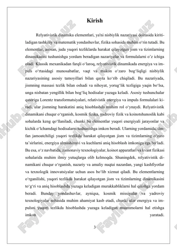 rdinatalar (t', x', y', z') bo‘lsa, va ularning orasidagi tezlik v bo‘lsa, quyidagi formulalar qo‘llaniladi: t' = γ (t - v x / c^2), x' = γ (x - v t), y' = y, z' = z. bu yerda γ (gamma) faktor, ya’ni lorentz faktori, quyidagicha ifodalanadi: γ = 1 / √(1 - v^2 / c^2). bu formulalar, juda yuqori tezliklarda harakat qilayotgan jism yoki tizimlarning vaqt va makon o‘zgarishini aniq hisoblash imkonini beradi. bu transformatsiyalar yordamida, kuzatuvchilarning harakat holatlariga qarab, fizik hodisalar qanday ko‘rinishda bo‘lishi mumkinligini tushunish mumkin bo‘ladi. lorentz transformatsiyalarining asosiy xususiyatlaridan biri — ular, har ikkala inersiya ramkasi uchun, fizika qonunlarining invariantsini saqlab qoladi. bu invariants, masalan, yorug‘lik tezligi c va relativistik impuls va energiya formulalaridir. bu formulalar, masalan, relativistik impuls uchun p = γ m v va energiya uchun e = γ m c^2 kabi shakllarda ifodalanadi. bu invariantlar, fizik jarayonlarning matematik modelini yaratishda muhim bo‘lib, …