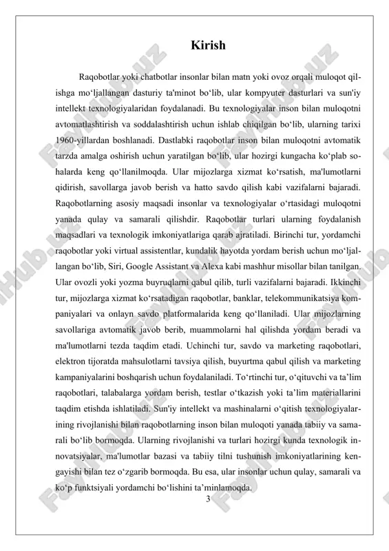 telekommunikatsiya kompaniyalari va onlayn savdo platformalarida keng qo‘llaniladi. ular mijozlarning savollariga avtomatik javob berish, muammolarni hal qilish va ma’lumotlarni tezda taqdim etishga qaratilgan. ularning yordamida xizmat ko‘rsatish jarayonlari samarali va tezlashadi. uchinchi turdagi raqobotlar, ya’ni savdo va marketing raqobotlari, elektron tijoratda mahsulotlarni tavsiya qilish, buyurtma qabul qilish va marketing kampaniyalarini boshqarish uchun ishlatiladi. bu raqobotlar mijozlarni jalb qilish va ularning ehtiyojlariga mos mahsulot yoki xizmatlarni taklif qilishda muhim rol o‘ynaydi. to‘rtinchi turdagi raqobotlar ta’lim sohasida ishlatiladi va o‘qituvchi yoki ta’lim raqobotlari sifatida xizmat qiladi. ular talabalarga yordam berish, testlar o‘tkazish yoki ta’lim materiallarini taqdim etish uchun mo‘ljallangan. har bir turdagi raqobotlar o‘zining texnologik imkoniyatlari va foydalanish sohalariga qarab rivojlanmoqda. sun'iy intellekt va mashinalarni o‘qitish texnologiyalarining rivojlanishi bilan ular inson bilan muloqotni yanada tabiiy va samarali qilmoqda. raqobotlarning rivojlanishi va turlari hozirgi kunda keng ko‘lamda texnologik innovatsiyalar, ma’lumotlar bazasi va tabiiy tilni tushunish imkoniyatlarining kengayishi bilan tez o‘zgarib bormoqda. bu esa, …