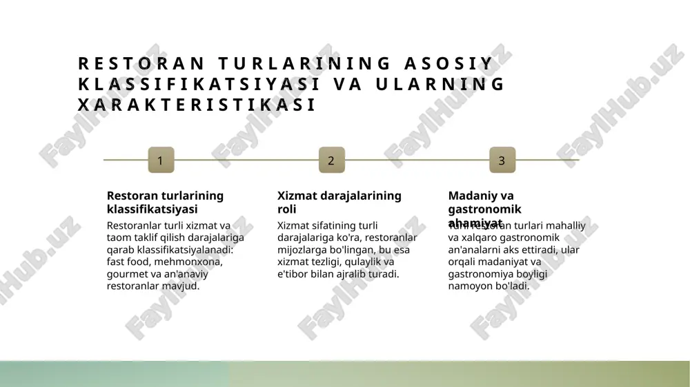 ob-axloq xizmat sifatini belgilaydi. 2 gastronomik muvozanat o'zbek taomlarining boy gastronomik merosi madaniyatimiz bilan uyg'unlashgan. xizmatda bilan gastronomik tafovutlar muvozanatda bo'lib, mijozlarning qoniqishini ta'minlaydi. 3 zamonaviy xizmatlar zamonaviy xizmat standartlari va odatlari, an'anaviy urf-odatlar bilan uyg'unlikda, restoranlarning rivojlanishini va mehmondo'stlik madaniyatini oshiradi. turli restoran turlarining gastronomik boyliklari va ularning madaniy ahamiyati. 1 o'ziga xos taomlar har bir restoran turi o'z gastronomik boyliklariga ega, ular mahalliy madaniyat va an'analarni aks ettiradi. masalan, oshxonalar turli milliy taomlarni taklif qiladi. 2 madaniy meros restoranlar orqali davlatlarning madaniy merosi va gastronomik an'analari avloddan-avlodga o'tadi, bu esa milliy identiteting muhim qismi hisoblanadi. 3 zamonaviy va an'anaviy zamonaviy restoranlar an'anaviy taomlarni yangicha uslubda taqdim etadi, bu esa gastronomik boyliklarni kengaytiradi va turistlar uchun qiziqarli bo'ladi. 4 gastronomik diversifikatsiya turli restoran turlari mahalliy va xalqaro taomlarni birlashtiradi, bu esa gastronomik madaniyatning kengayishi va rivojlanishiga xizmat qiladi. xizmat kórsatish klasslari va ular orqali oshiriladigan mehmondo'stlik madaniyati. xizmat darajasi …