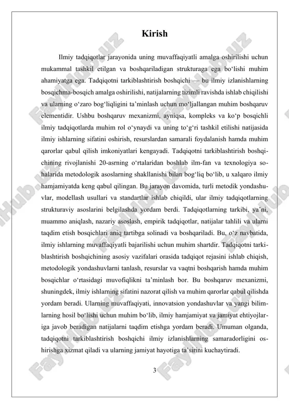 uchun muhim rol o‘ynaydi. ular orasida resurslarni samarali boshqarish, vaqtni taqsimlash, jamoa ichidagi muvofiqlikni ta’minlash va muhim bosqichlar o‘rtasida koordinatsiya bo‘lishi kiradi. resurslar — bu inson resurslari, moliyaviy imkoniyatlar, texnologik asbob-uskunalar va ma’lumotlar bo‘lib, ularning to‘g‘ri taqsimoti tadqiqotning umumiy muvaffaqiyatiga ta’sir qiladi. vaqtni boshqarishda esa, har bir bosqich uchun aniq muddatlar belgilanishi va jarayonni monitoring qilish muhimdir. ilmiy tadqiqot strukturasi va boshqaruv prinsiplari ishlab chiqishda mukammallik uchun mazkur elementlarning har biri o‘zaro muvofiqlikda bo‘lishi, shuningdek, moslashuvchanlik va moslashuvchanlikni ta’minlash zarur. bu, ayniqsa, yangi muammolar yoki muhim o‘zgarishlar yuzaga kelganda, strukturani yangilash va boshqaruv mexanizmlarini moslashtirish imkonini beradi. ularning muvaffaqiyati shuningdek, ilmiy jamoatchilik bilan hamkorlikda, xalqaro standartlarga muvofiq va ilg‘or metodologiyalar asosida amalga oshirilishi bilan ham bog‘liqdir. shuningdek, tadqiqot strukturasi va boshqaruv prinsiplari ilmiy ishlarning intizomiyligini ta’minlashda asosiy vositadir. bu, odatda, loyiha boshqaruvchilari va ilmiy rahbarlar tomonidan amalga oshiriladi, ular jarayonni nazorat qilish, muhim qarorlar qabul qilish va jarayonni monitoring qilish …