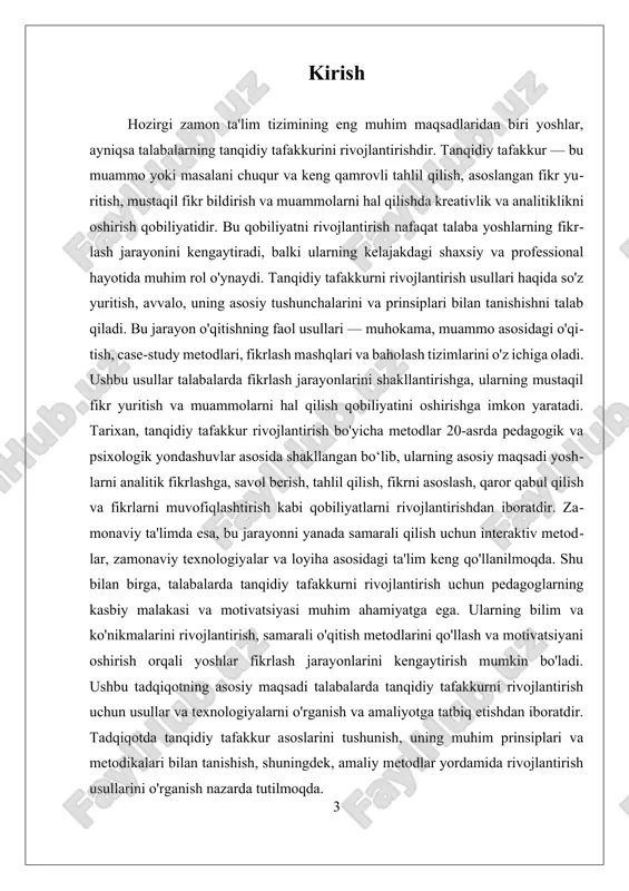 ni muvofiqlashtirish esa, turli fikrlar va nuqtai nazarlarni birlashtirish orqali muammoni hal qilishda muhim ahamiyat kasb etadi. tanqidiy tafakkurni rivojlantirish uchun asosiy prinsiplarga e'tibor qaratish lozim. birinchisi, faol fikrlashni rag‘batlantirishdir. bu esa muhokama, muammo asosidagi o‘qitish va case-study metodlari yordamida amalga oshiriladi. ikkinchisi, talabalarning mustaqil fikrlashini rivojlantirish uchun ularga keng imkoniyatlar yaratishdir. bu uchun, fikr yuritishda erkinlik, fikrlarni muhokama qilish va baham ko‘rish muhitini shakllantirish zarur. uchinchisi, fikrlash jarayonlarini tizimli ravishda rivojlantirish uchun, o‘qituvchilar tomonidan tahliliy mashqlar, savol-javoblar va muhokama formatlaridan foydalanish muhimdir. to‘rtinchisi, texnologiyalar va zamonaviy pedagogik usullarni joriy etish orqali fikrlash jarayonlarini qiziqarli va samarali qilish mumkin. rivojlanish usullari bo‘yicha, tanqidiy tafakkurni rivojlantirishda muhim rol o‘ynovchi metodlardan biri — amaliy usullardir. masalan, murojat qilish, muammo asosidagi o‘qitish va case-study metodlari yordamida talabalarning fikrlash qobiliyatlari kengayadi. shuningdek, interaktiv metodlar, texnologiyalar va loyiha asosidagi ta’lim talabalarga muammolarga kreativ yondashish va mustaqil fikrlashni rivojlantirish imkonini beradi. masalan, onlayn platformalar va ta’lim …