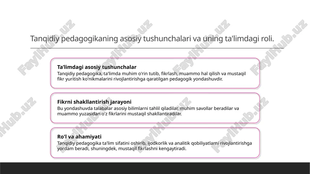 jarayonini kengaytiradi va kreativ muhit yaratadi. bu esa zamonaviy ta'lim uchun muhim. innovatsion yondashuvlar va ta'limda kreativlikni rivojlantirishning asosiy prinsiplari 01 innovatsion yondashuvlar innovatsion yondashuvlar ta'limda yangi texnologiyalar, metodlar va usullarni joriy qilish orqali o'quv jarayonini yanada samarali va qiziqarli qilishga xizmat qiladi. bu yondashuvlar o'quvchilarning kreativ fikrlashini rivojlantiradi va muammolarni innovatsion tarzda hal qilish imkonini yaratadi. 02 kreativlikni rivojlantirish ta'limda kreativlikni rivojlantirish uchun o'quvchilarga mustaqil fikrlash, loyiha asosidagi ishlar va muvofiqlashtirilgan muhit taqdim etiladi. bu usullar orqali ular o'z fikrlarini erkin ifoda etib, yangi g'oyalar yaratishga o'rganadilar. 03 prinsiplar va asoslar innovatsion va kreativ ta'limda asosiy prinsiplarga moslashuvchanlik, interaktivlik va texnologiyadan foydalanish kiradi. bu prinsiplar o'quvchilarning qiziqishini oshiradi va zamonaviy ta'lim talablariga javob beradi. o'yin va simulyatsiyalar yordamida kreativ fikrlashni shakllantirish usullari 1 interaktiv o'yinlar o'yinlar va simulyatsiyalar orqali talabalarning kreativ fikrlash qobiliyatlari rivojlanadi. bu usul ularni muammolarni yangi yondashuv bilan hal qilishga o'rgatadi. 2 simulyatsion muhitlar real hayotdagi …