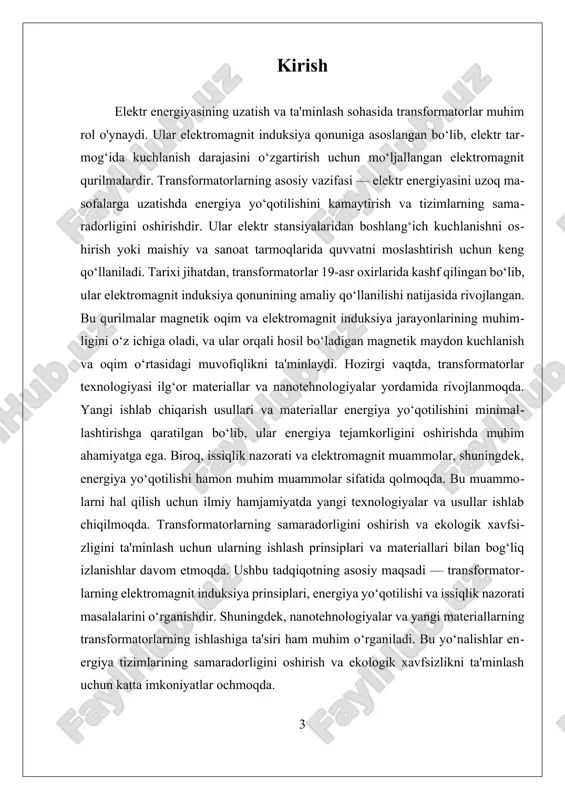 orasida quyidagi bog‘lanish mavjud: u = -dφ/dt. bu yerda, dφ/dt magnit oqimdagi o‘zgarish tezligini anglatadi. agar primar o‘ramga kiritiladigan kuchlanish oshirilsa, magnit oqim ham ko‘payadi, natijada sekundar o‘ramda ham kuchlanish o‘zgaradi. transformatorlarning samaradorligi va ishlash samaradorligini ta’minlash uchun, magnetik yadro materiallari va konstruktsiya dizayni muhim ahamiyatga ega. magnetik yadro, asosan, yassi yoki torbali shaklda bo‘lib, magnit oqimni samarali uzatishni ta'minlaydi. yadroda yuzaga keladigan energiya yo‘qotishlarining asosiy sababi issiqlik va elektromagnit bilan bog‘liq muammolardir, ular yadro materiallari va yadrodagi magnit oqimining o‘zgarishi bilan bog‘liq bo‘lishi mumkin. shuningdek, elektromagnit induksiya jarayonining samaradorligini oshirish uchun, transformatorlar uchun yuqori chastotali va yuqori samaradorlikka ega materiallar ishlab chiqilmoqda. nanotehnologiyalar va yangi kompozit materiallar yordamida magnit yadroning yuki kamaytiriladi va energiya yo‘qotilishi minimallashtiriladi. bu esa, o‘z navbatida, transformatorlarning ishlashini yanada samarali va energiya tejamkor qilish imkonini beradi. transformatorlarning elektromagnit induksiya prinsipiga asoslangan ishlash jarayoni, shuningdek, elektr energiyasining masofadan uzatishda muhim rol o‘ynaydi. bu jarayon, yuqori kuchlanish …