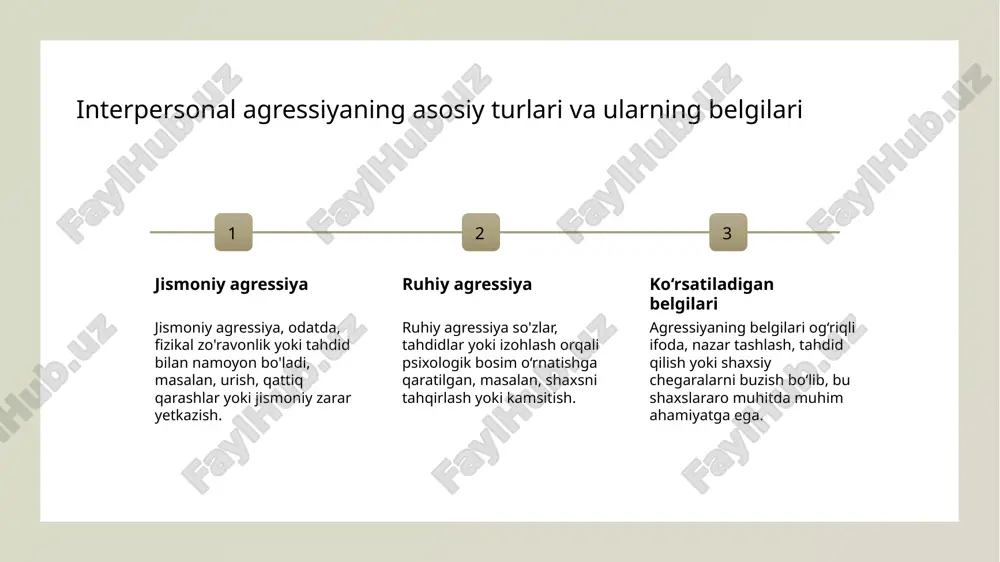 sh strategiyalari muloqotni yaxshilash, tinchlikni saqlash va murosaga erishish uchun faol tinglash, nazorat qilish va muvozanatli javoblar berish muhim. psixologik yordam va ta'lim psixologlar va psixoterapevtlar bilan ishlash, ijtimoiy ko‘nikmalarni rivojlantirish va agressivlik bilan kurashish uchun ta'lim dasturlaridan foydalaniladi. uzbek jamiyatida agressivlik shakllarining tarixiy rivojlanishi 1 an'anaviy davrlar - tarix davomida, o'zbek jamiyatida agressiya odatdagi urushlar, qabila nizolari va an'anaviy urf-odatlar bilan bog'liq bo'lib, ijtimoiy hayotning ajralmas qismi bo‘lgan. 2 sovet davri ta'siri - sovet davrida, repressiya va ijtimoiy nazorat agressiyani nazorat qilishga harakat qilgan, shuningdek, muomala va muloqot usullari o‘zgarib borgan. 3 mustaqillik davri - mustaqillik bilan, agressiya shakllari va uning ijtimoiy turlari o‘zgarib, milliy qadriyatlar va madaniyat asosida yangi rivojlanishlar yuzaga kelgan. 4 zamonaviy muammolar - hozirgi kunda, yoshlar orasida agressiya, madaniyat va texnologik rivojlanish bilan bog‘liq bo‘lib, ijtimoiy muhitda yangi shakllar paydo bo‘lyapti. madaniyat va an'analarning agressivlikka ta'siri: o'zaro bog'liqliklar 1 madaniyatning agressiyaga ta’siri madaniyat va an’analarning …