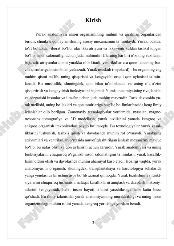 ngroq bo‘ladi, chunki u aorta orqali organizmning eng uzoq va muhim qismlariga qon yetkazadi. yurak muskuli — myokard — uning asosiy muskuli bo‘lib, qon bilan ta’minlanadi. myokardning o‘ziga xos xususiyati shundaki, u nafaqat qon bilan ta’minlanadi, balki o‘z-o‘zini qisqartirish va kengaytirish funksiyasini bajaradi. bu muskullarning mustahkamligi va elastikligi yurakning doimiy va muvofiqlashtirilgan ishlashini ta’minlaydi. yurak muskuli, shuningdek, elektr impulslar yordamida harakatlanadi, ya’ni yurak ritmi bilan harakat qiladi. bu impulslar yurakning tuzilmasidagi sinoatrial (sa) tugun tomonidan ishlab chiqariladi va yurakning boshqa qismlariga tarqaladi, bu esa yurakning muvofiqlashtirilgan qisqarishiga olib keladi. [image: yurak] 1-rasm. yurak anatomiyasining rivojlanishini o‘rganish davomida uning tuzilishi va funktsional imkoniyatlari haqida ko‘plab ilmiy izlanishlar olib borilgan. zamonaviy texnologiyalar — magnetresonans tomografiya (mrt), 3d modellash va boshqa vizual texnologiyalar — yurakning murakkab tuzilishini yanada aniqlashga yordam beradi. bu texnologiyalar yordamida yurak bo‘laklarining joylashuvi, qon tomirlarining holati va funksiyalarini chuqur o‘rganish mumkin bo‘lmoqda. bu esa, ayniqsa, yurak kasalliklarini aniqlash va …
