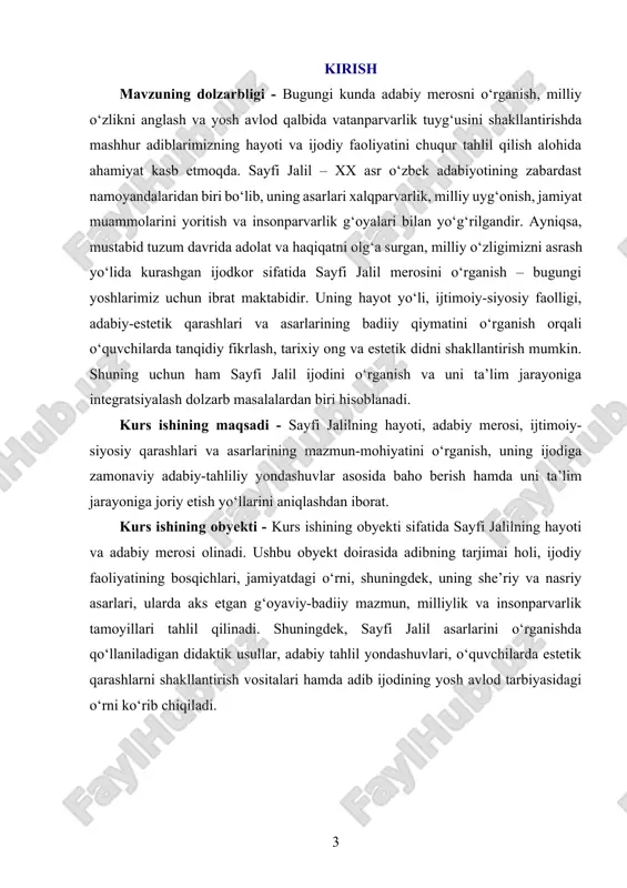 ini qunt bilan tinglagan, ertaklar, maqollar, dostonlar va qo‘shiqlar orqali o‘zining estetik didini shakllantirgan. bu jarayon, albatta, uning keyingi hayoti va ijodiga poydevor bo‘lib xizmat qilgan. sayfi jalil maktab davridayoq o‘z tengdoshlaridan ajralib turgan. u o‘qishga qiziqqan, darslarda faol qatnashgan, ayniqsa adabiyot, tarix va musiqa fanlariga alohida mehr qo‘ygan. ustozlari uning bilimga chanqoqligini qadrlab, unga doimiy rag‘bat berishgan. u nafaqat o‘qituvchilarning savollariga javob bergan, balki darsdan tashqarida ham o‘zi mustaqil ravishda kitob mutolaa qilgan, she’rlar yozgan, oddiy kuylarga o‘ziga xos sozlar qo‘shgan. bu esa uning ijodiy faoliyatini juda erta boshlashiga sabab bo‘lgan. yoshligida u maktabdagi dramalar, she’riy kechalar va musiqiy tadbirlarda faol qatnashgan. o‘zining ilk she’rlarini aynan shu davrlarda yozgan. o‘quvchilarning, ustozlarning, hattoki mahalla ahlining e’tirofiga sazovor bo‘lgan bu yosh ijodkor asta-sekinlik bilan adabiy jamoatchilikning ham e’tiborini torta boshlagan. shunday qilib, sayfi jalilning ijodi tobora kengayib bordi. u o‘z she’rlarida xalqning ruhiy holatini, orzu-armonlarini, baxtli kelajak sari intiluvchanligini, mehnatga bo‘lgan …
