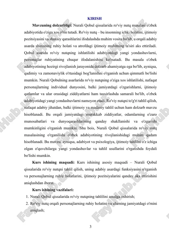 ilan bog'liqligini tahlil qilishda badiiy tafakkur yondashuvi qo'llaniladi. kurs ishining amaliy ahamiyati: ushbu kurs ishi orqali talabalar nurali qobul asarlarida ro'viy nutqning adabiy ahamiyatini tushunishadi, uning personajlar ruhiyatini ifodalashdagi rolini anglaydilar. bu esa, adabiyot va psixologiyani o'rganish, shaxsiy va ijtimoiy munosabatlarni tahlil qilishda foydali ko'nikmalarni rivojlantiradi. kurs ishining tarkibiy tuzilishi va hajmi: mazkur kurs ishi kirish, ikki bob, sakkiz bo‘lim, xulosalar, foydalanilgan adabiyotlar ro‘yxatidan tashkil topgan. i-bob nurali qobul ijodidagi oziga xoslik masalari. 1.1. nurali qobul asarlari. nurali qobul — o‘zbek adabiyotining yirik vakillaridan biri bo‘lib, uning asarlari o‘zbek jamiyatining turli ijtimoiy qatlamlarini, odamlar o‘rtasidagi munosabatlarni va ijtimoiy-siyosiy muhitni chuqur tasvirlash bilan ajralib turadi. asarlarida ro‘viy nutqni ishlatish orqali, u shaxslarning ichki holatini, ruhiy kechinmalarini va o‘zgaruvchan dunyoqarashlarini aniq ifodalagan. nurali qobulning asarlaridagi ro‘viy nutqning o‘ziga xos yondashuvi adabiyotda yangi o‘zgarishlarni keltirib chiqardi, bu esa o‘zbek adabiyotining rivojlanishiga katta hissa qo‘shdi. qobulning asarlarida ro‘viy nutq nafaqat personajlarning shaxsiy his-tuyg‘ularini ifodalash …