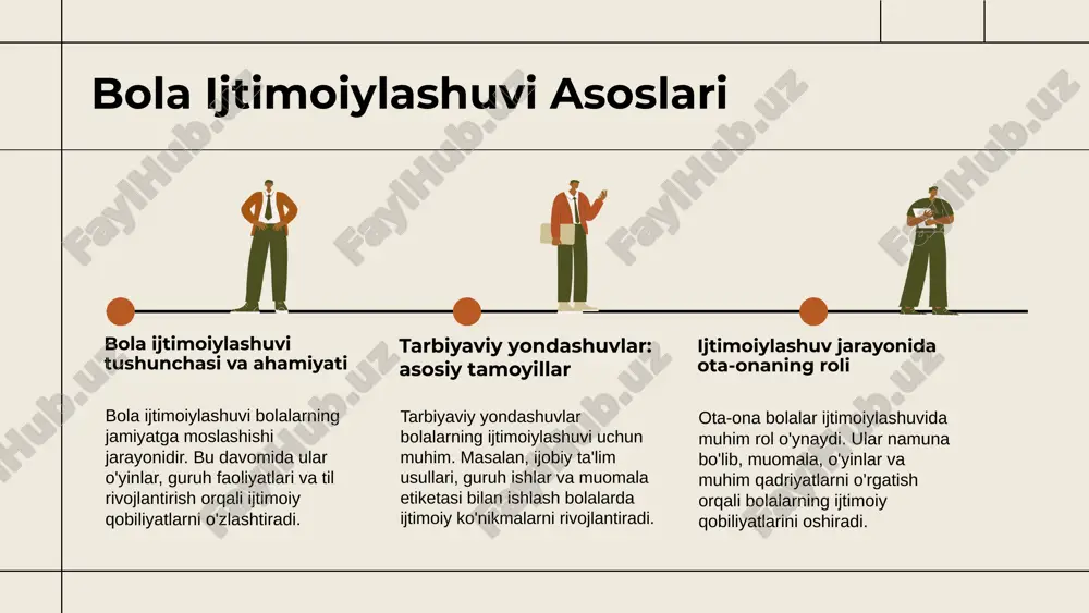 ing ijtimoiy ko'nikmalarni rivojlantirishdagi roli ota-onalar bolalar bilan yaxshi muloqot qilish, ijobiy muhit yaratish va ijtimoiy qoidalarni o'rgatish orqali ularning ko'nikmalarini rivojlantiradi. model bo'lib, harakatlarni ko'rsatadi. amaliy tarbiyaviy usullar amaliy tarbiyaviy usullar haqida umumiy ma'lumotlar; guruh ishlari, ijtimoiy loyihalar, amaliy mashg'ulotlar misol keltiriladi. zamonaviy muhitda amaliy usullarni qo'llash muhim; innovatsion texnologiyalar, online platformalar, simulyatsiyalar va interaktiv metodlar keng qo'llaniladi. ota-onalar uchun amaliy usullarni tanlashda yosh, qiziqishlar va ehtiyojlar e'tiborga olinadi; seminarlar, amaliy mashg'ulotlar va jamoaviy tadbirlar tavsiya etiladi. photo by hannah olinger on unsplash 1 2 3 zamonaviy muhitda tarbiya zamonaviy muhitda tarbiyaviy yondashuvlar texnologik rivojlanish, globalizatsiya va ijtimoiy media ta'sirida yoshlarning tarbiyalanish jarayonini yangi bosqichga olib kelmoqda. ota-onalar va bolalar o'rtasida hurmat va ochiq muloqot muhitini yaratish muhim, bu esa bolalarning ijtimoiy moslashuvi va xavfsiz muhitda rivojlanishini ta'minlaydi. zamonaviy tarbiya shartlari sifatida interaktiv kommunikatsiya vositalaridan foydalanish, bolalarning qiziqishlariga e'tibor qaratish va ularni mustaqil fikr bildirishga o'rgatish kiritiladi. photo by …
